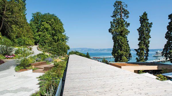 Landschaft. Das Haus folgt der Hanglinie des östlichen Inselufers. Gärten, Essenz der Mainau, nehmen seine Dachflächen ein. Das Gebäude konkurriert nicht mit der Landschaft, sondern bringt sie neu zur Geltung, zum Beispiel die 200 Jahre alten Mammutbäume an der Hafeneinfahrt. Foto: Darko Todorovic