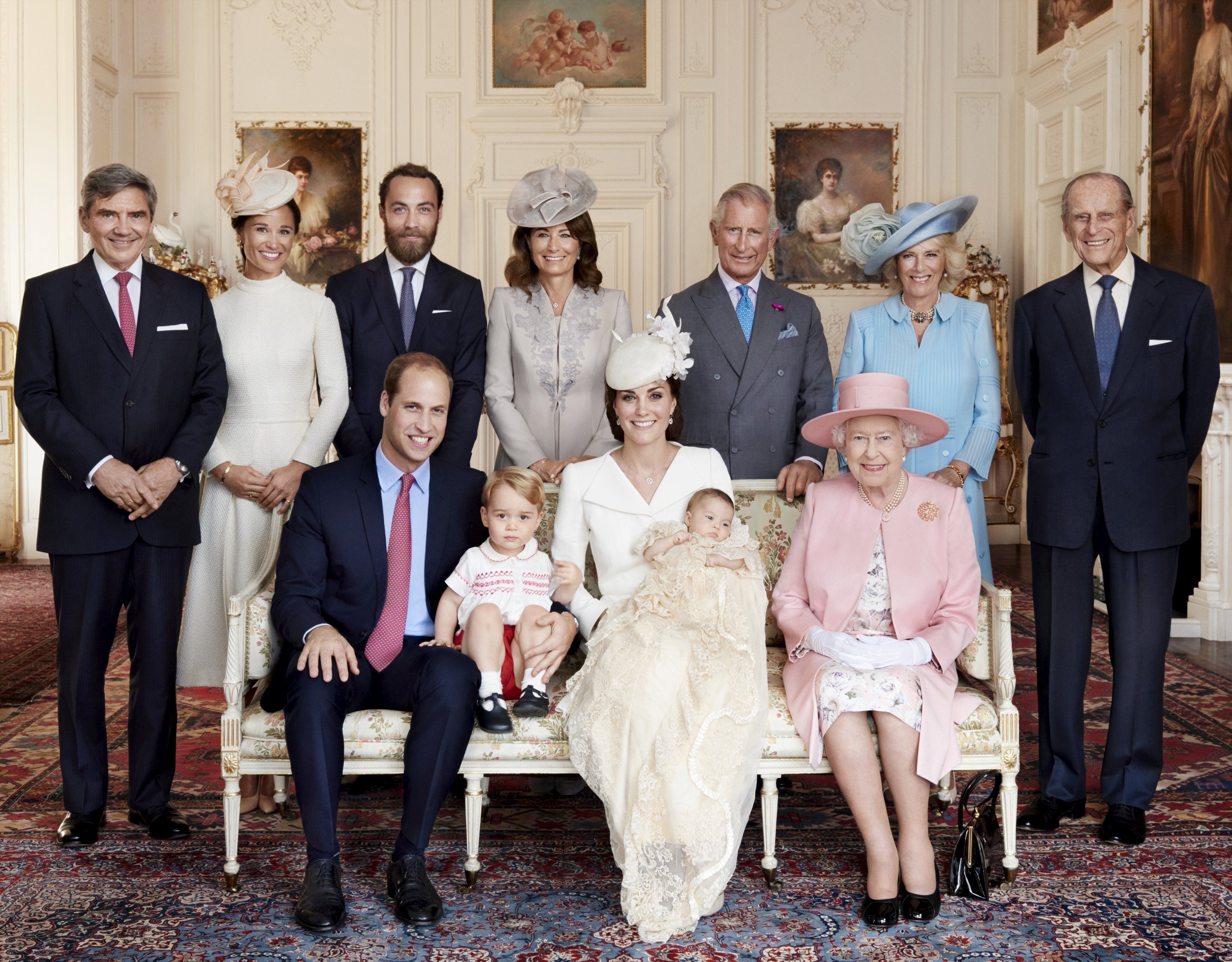 Handout photo of members of Britain's royal family and the Middletons posing for a photo in the Drawing Room of Sandringham House following the christening of Princess Charlotte Handout photo of members of Britain's royal family and the Middletons posing for a photo in the Drawing Room of Sandringham House following the christening of Princess Charlotte