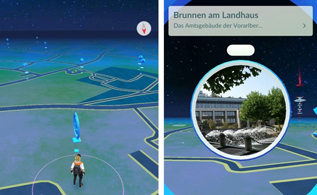 So sehen die Karte und die PokéStops im Spiel aus. So sehen die Karte und die PokéStops im Spiel aus.