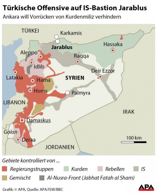 Karte Syrien mit von verschiedenen Partein kontrollierten Gebieten Karte Syrien mit von verschiedenen Partein kontrollierten Gebieten