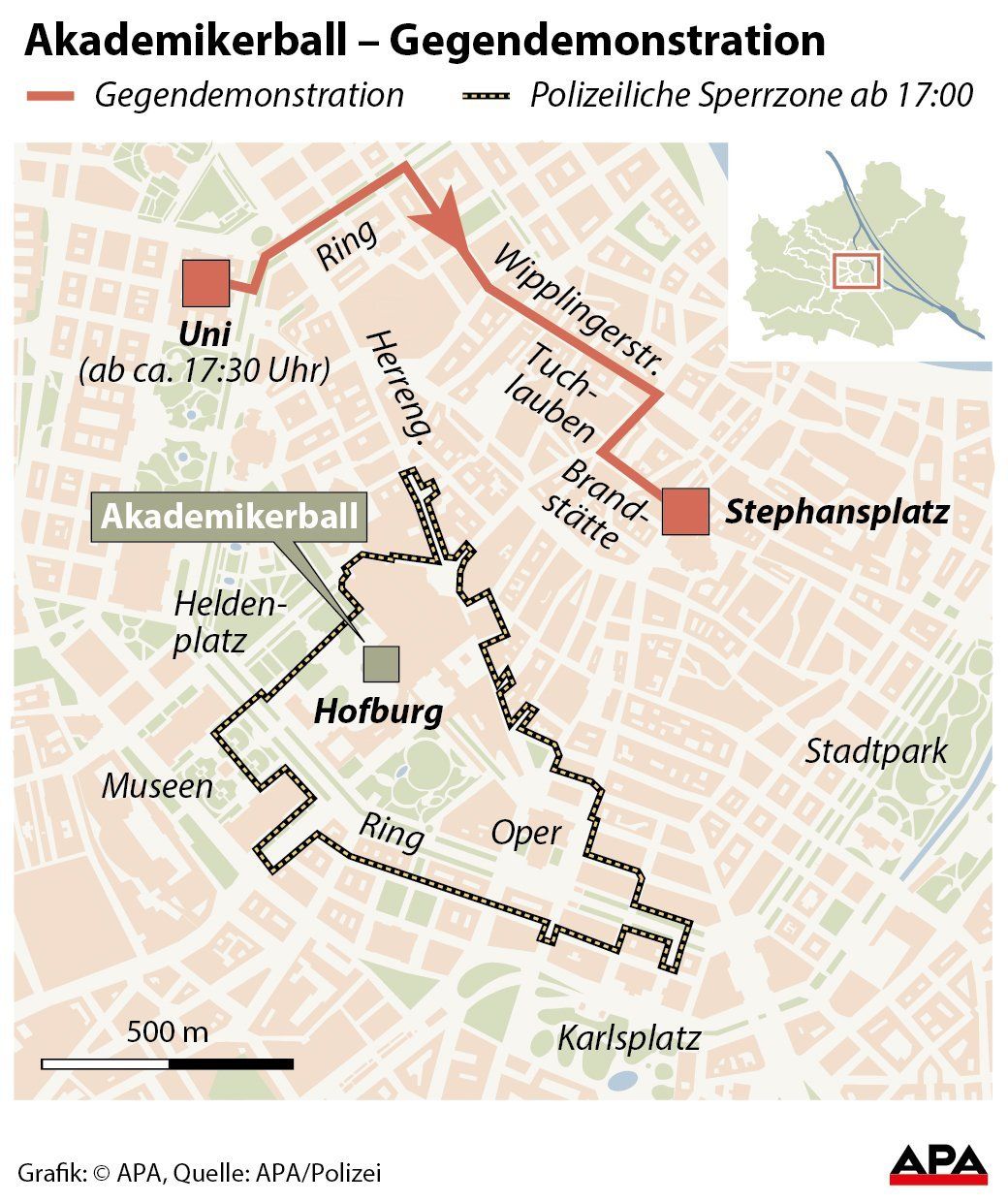 AKTUALISIERT nach Absage von zwei Demonstrationen Wienkarte mit Route der Gegendemonstration und Sperrzone GRAFIK 0127-17, 88 x 105 mm 