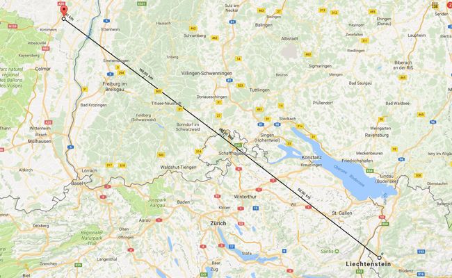 200 Kilometer Luftlinie legte Topa auf ihrem Weg nach Frankreich zurück. Karte: Google Maps 200 Kilometer Luftlinie legte Topa auf ihrem Weg nach Frankreich zurück. Karte: Google Maps