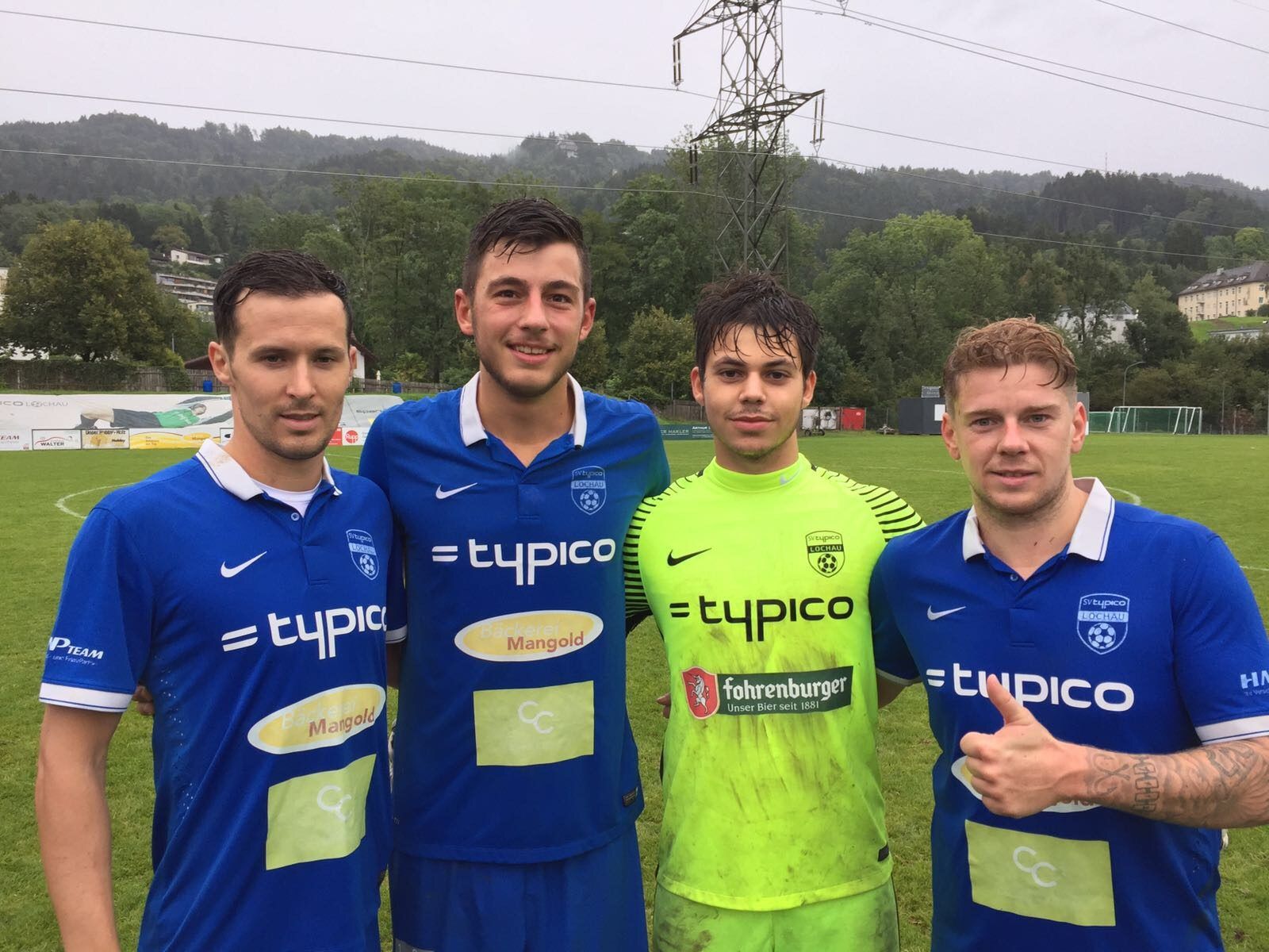 Der SV typico Lochau feierte den ersten Heimsieg: Die Torschützen Fabian Fink, Fabio Feldkircher und Stefan Maccani mit Tormann Sandro Eichhübl.