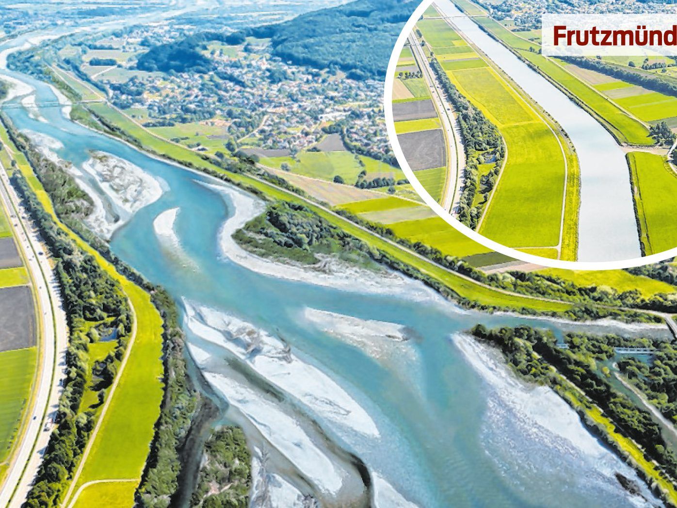 Geht es nach den Rhesi-Planern, soll der Rhein an der Frutzmündung bei Koblach einmal so aussehen