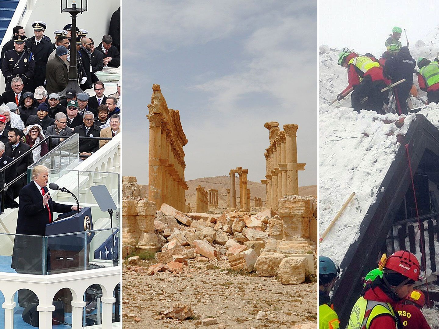 (v.l.n.r.) Trumps Angelobung, die zerstörung von Palmyra und die Lawinenkatastrophe in Italien.