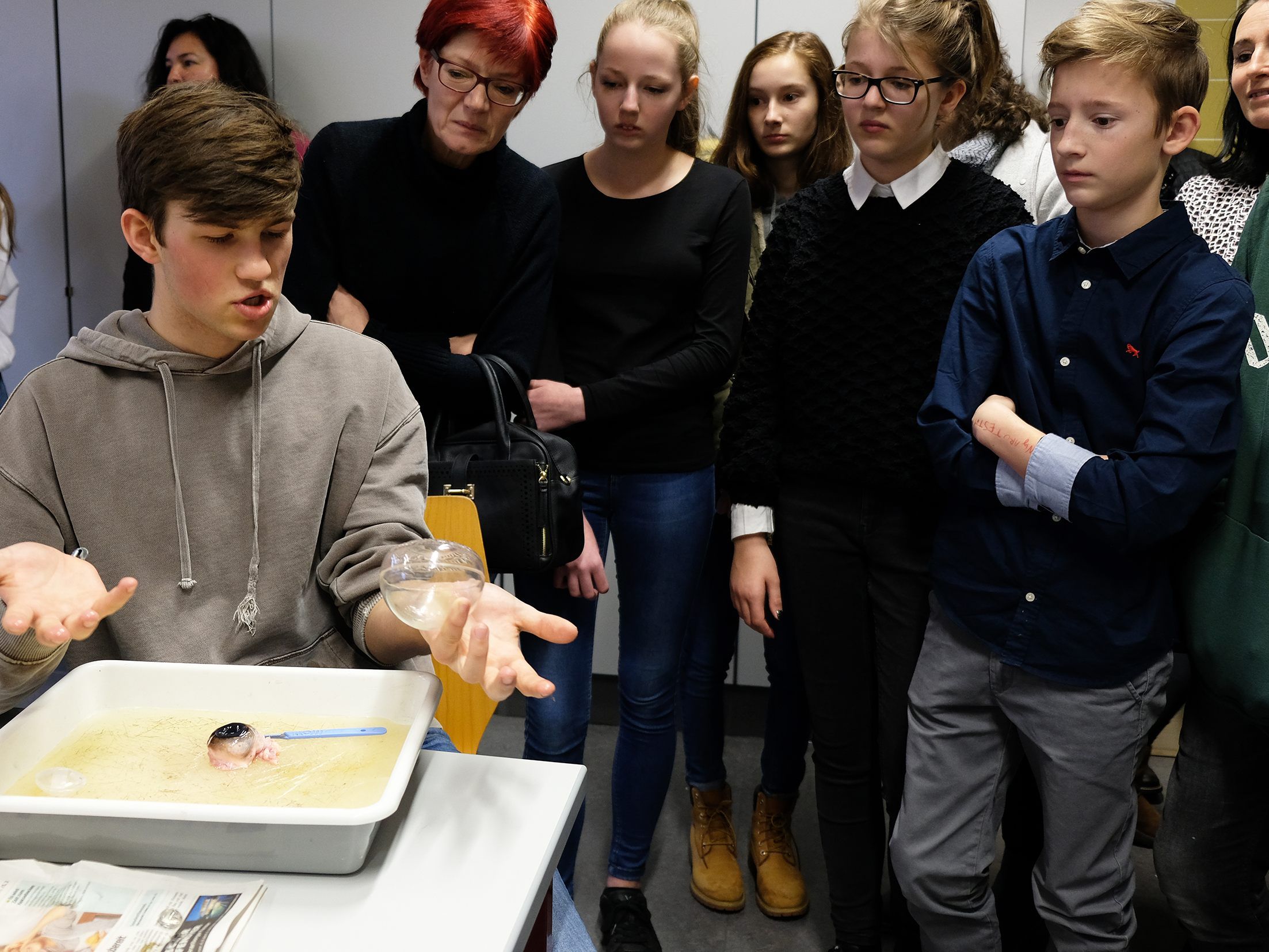 Großes Interesse der Besucher an den Biologie-Experimenten.