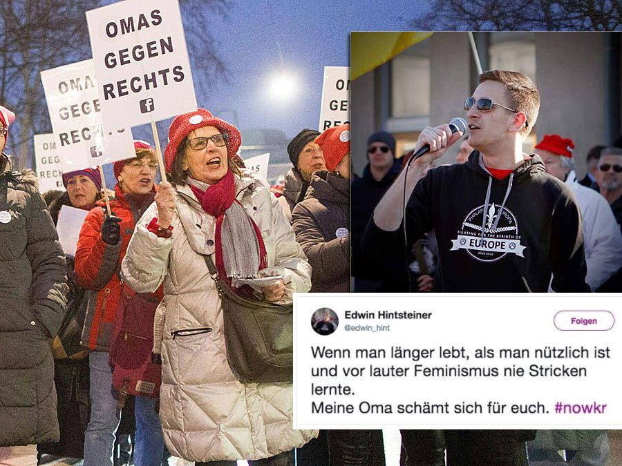Die "Omas gegen Rechts" demonstrierten am Freitag gegen gegen den Akademikerball - Und wurden dafür vom Salzburger Identitären-Chef Edwin Hintsteiner beschimpft und angegriffen. Die "Omas gegen Rechts" demonstrierten am Freitag gegen gegen den Akademikerball - Und wurden dafür vom Salzburger Identitären-Chef Edwin Hintsteiner beschimpft und angegriffen.