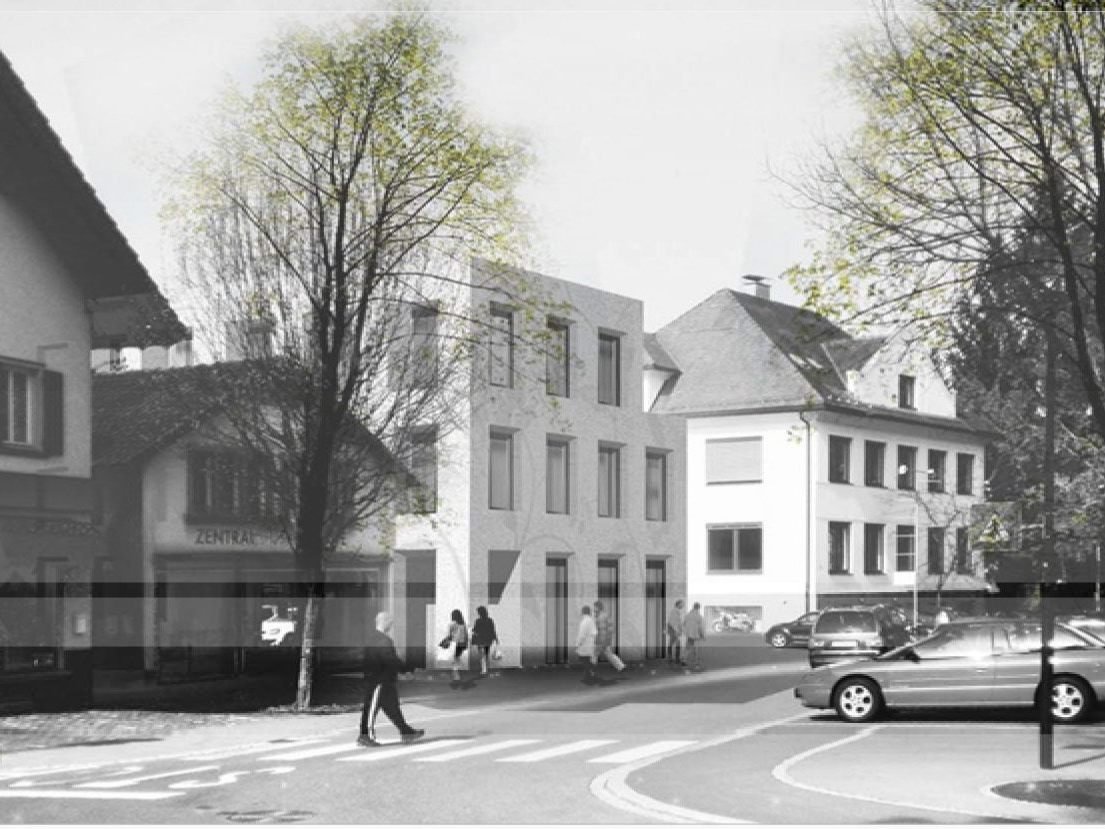 An der Raiffeisenstraße wird ein Gebäude mit Gastronomie oder Geschäft, Arztpraxis und Wohnungen errichtet. An der Raiffeisenstraße wird ein Gebäude mit Gastronomie oder Geschäft, Arztpraxis und Wohnungen errichtet.