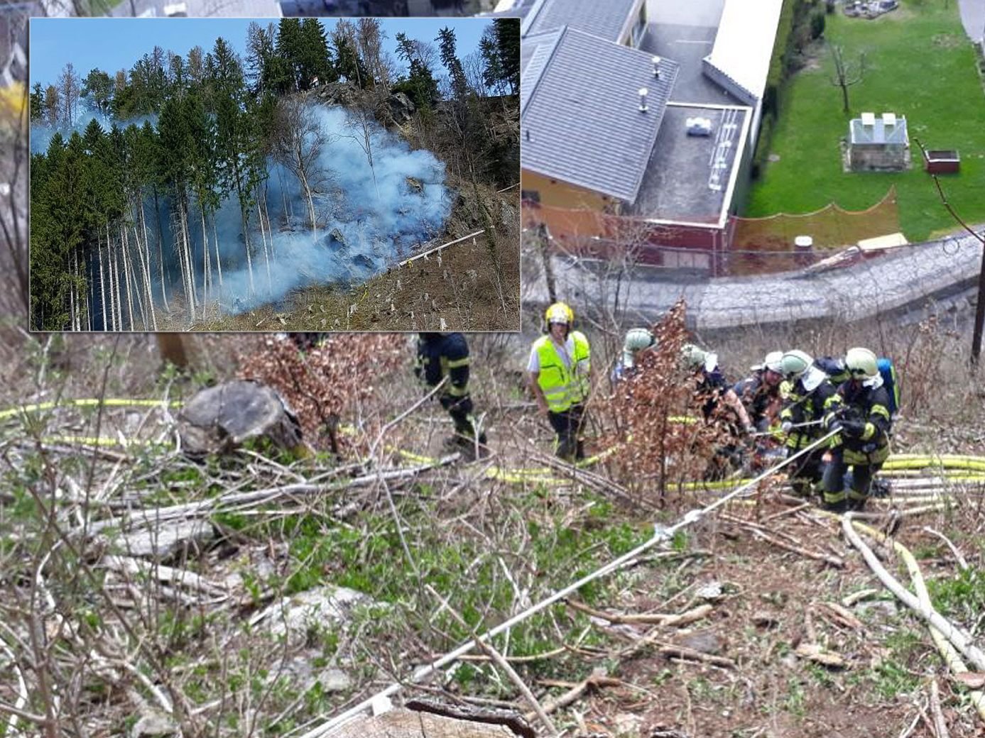 Die Feuerwehren bekämpften den BRand in sehr unwegsamen Gelände.