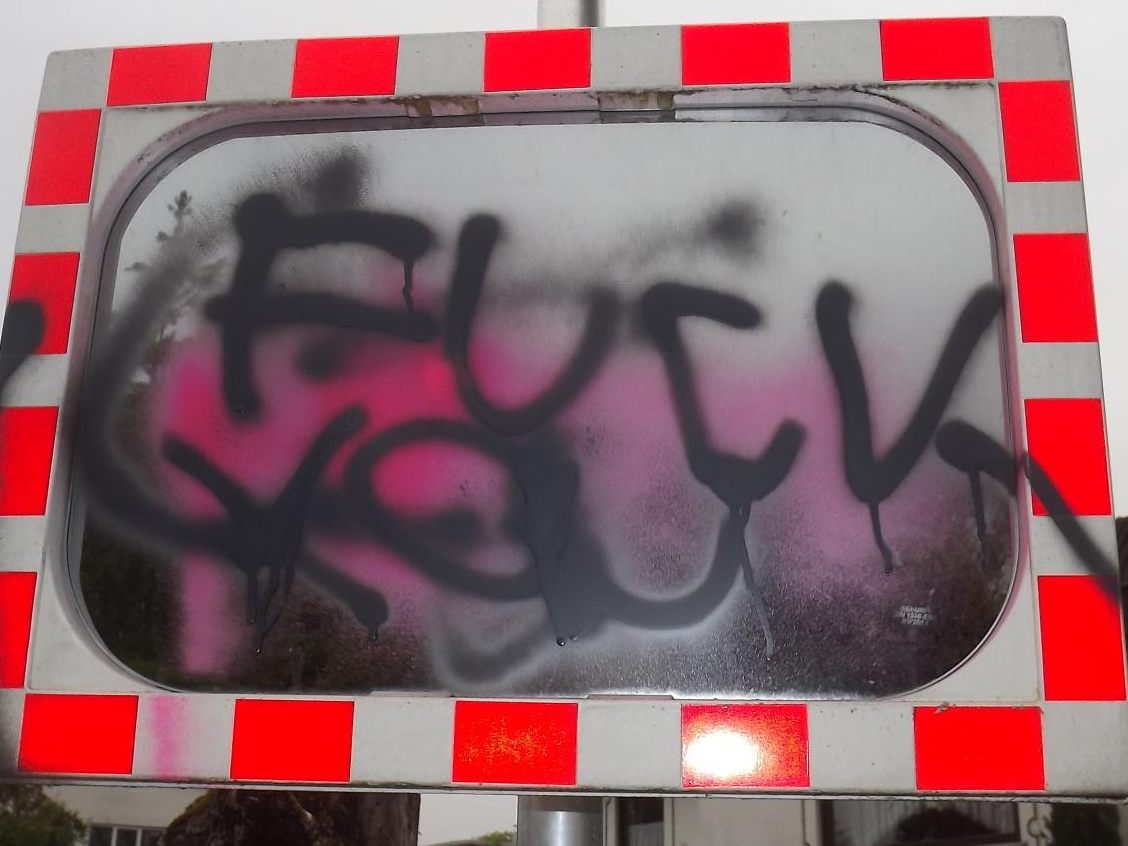 Die Worte "Fuck You" zieren seit neuestem einen Verkehrsspiegel.