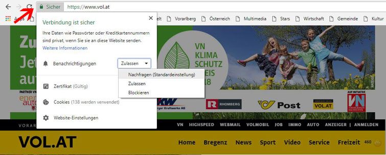 Die Einstellungen für Push-Meldungen im Browser (Browser hier: Chrome). Die Einstellungen für Push-Meldungen im Browser (Browser hier: Chrome).