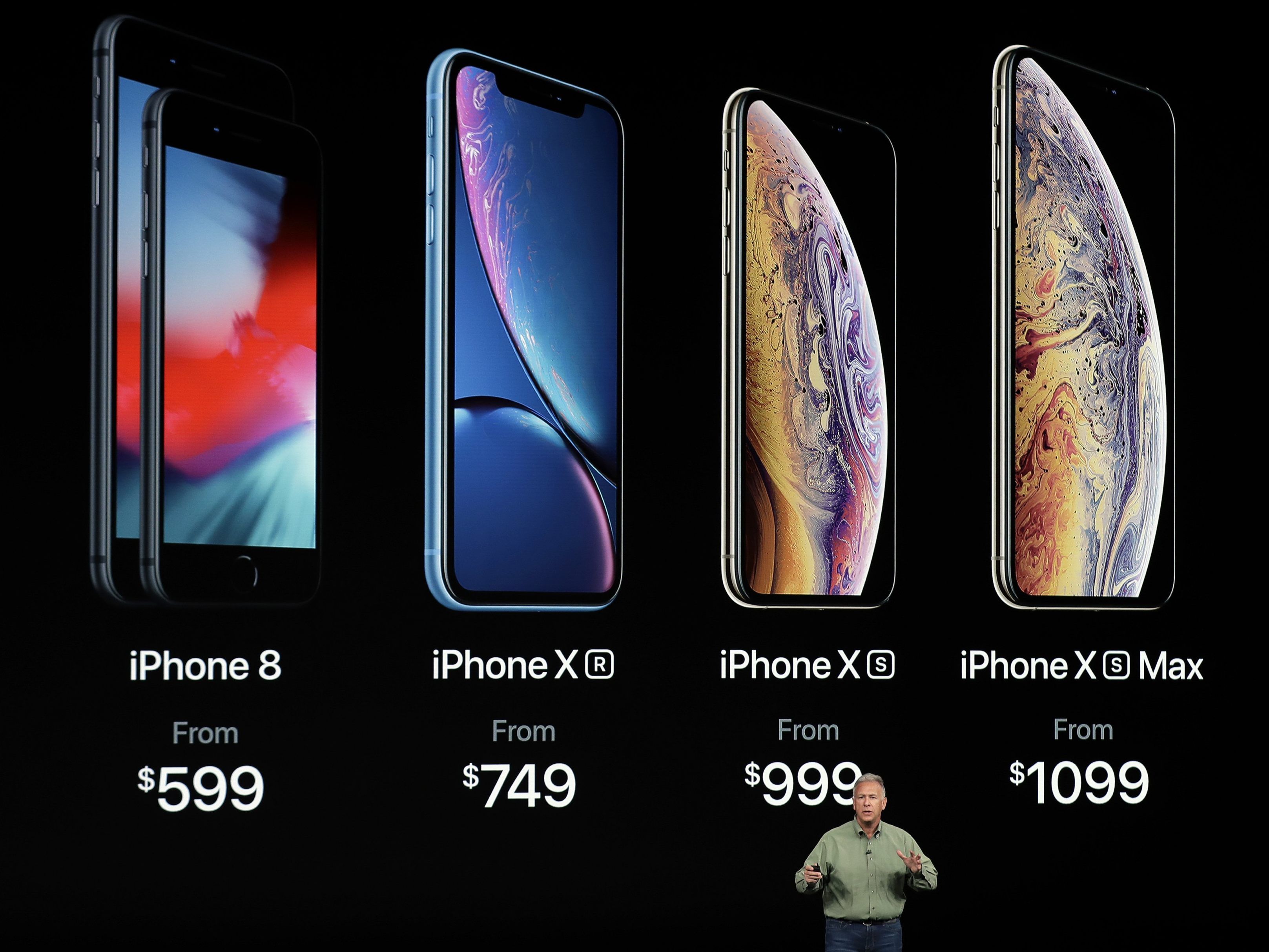Phil Schiller präsentiert auf der Keynote 2018 die "Ab"-Preise der iPhones im Angebot von Apple. Phil Schiller präsentiert auf der Keynote 2018 die "Ab"-Preise der iPhones im Angebot von Apple.