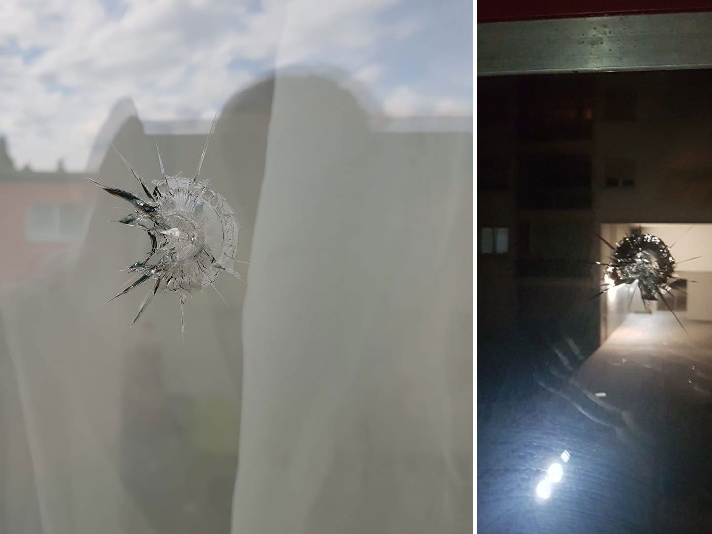 Beide Glasscheiben wurde durch die Projektile beschädigt. Beide Glasscheiben wurde durch die Projektile beschädigt.