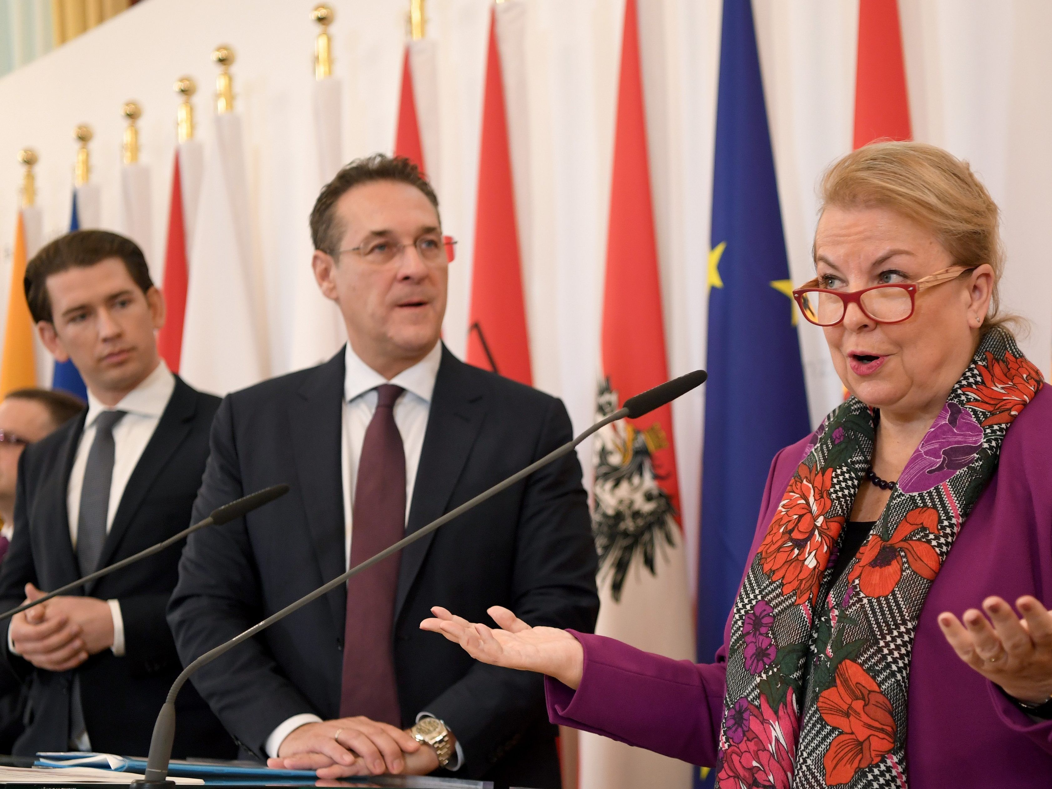 ÖVP-Sozialsprecher August Wöginger, BK Sebastian Kurz, VK Heinz Christian Strache und Sozialministerin Beate Hartinger-Klein (FPÖ) beim Pressefoyer nach einer Sitzung des Ministerrates.