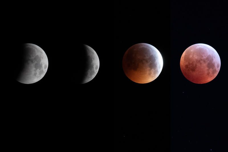 Die Kombo zeigt die verschiedenen Phasen der Mondfinsternis