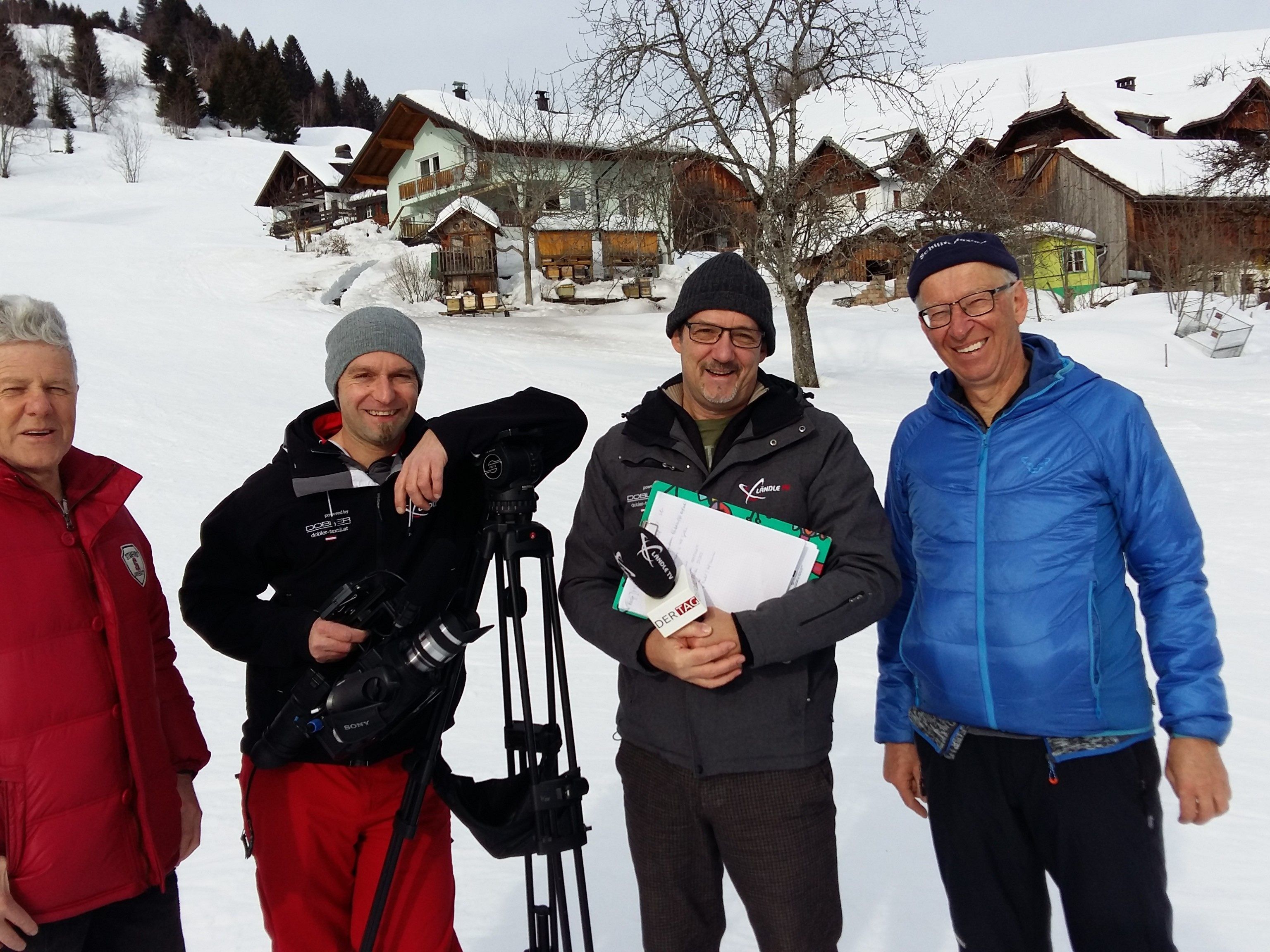 v.li.n.re. Schilfte Gurtis BL Werner Jussel, LTV-Kamaeramann Thomas Gmeiner, Andreas Seeburger(LTV)  und om Schilift Bazora GF Hubert Gstach führten das TV-Team durch die Wintersportszene von Gurtis und Bazora