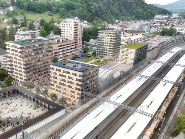 BahnhofCity Feldkirch: Die Vogewosi übernimmt den mittleren Turm im hinteren Teil des Bildes.