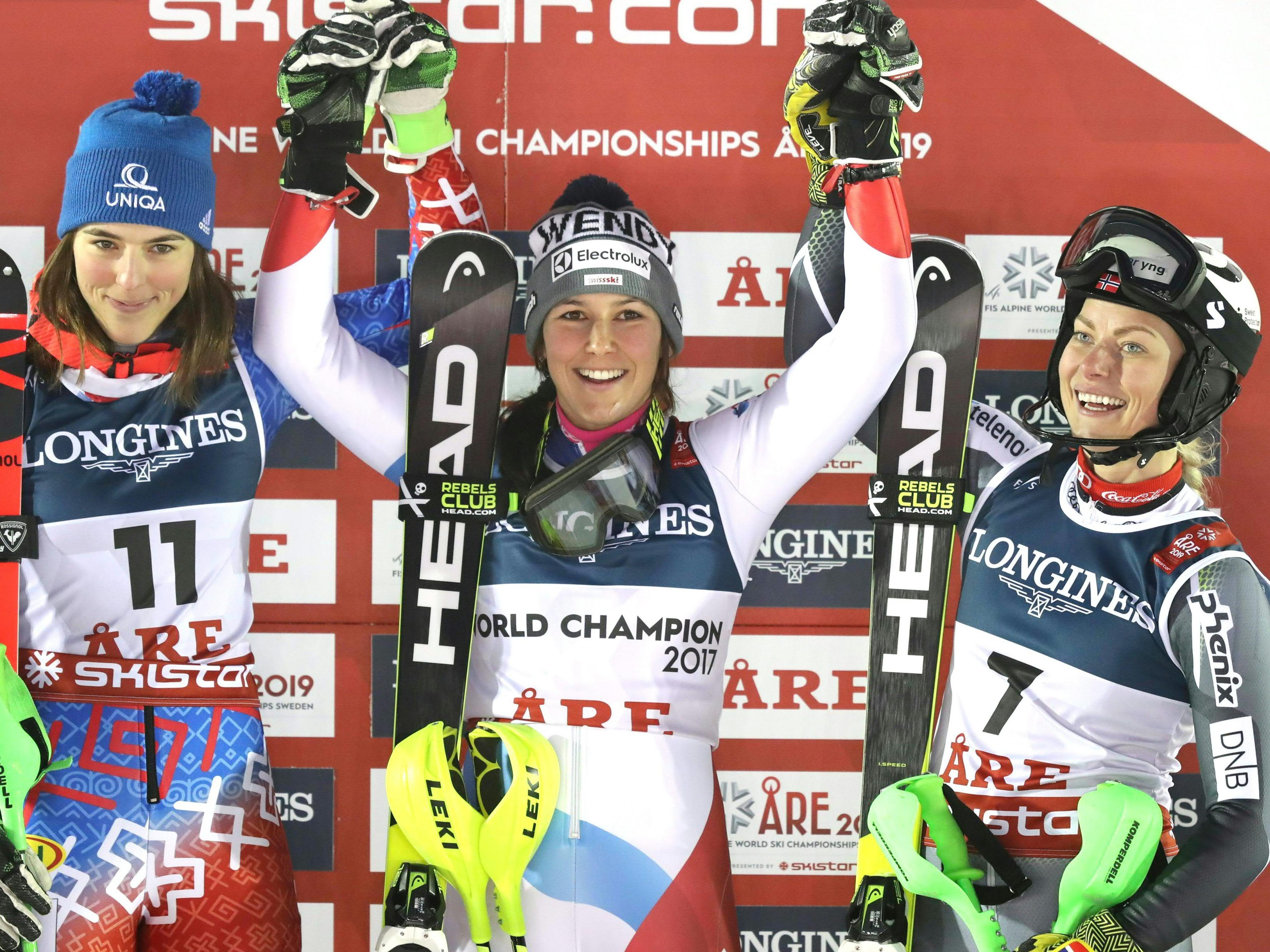 Das Siegerbild der Damen-Kombination bei der Ski-WM in Aare.