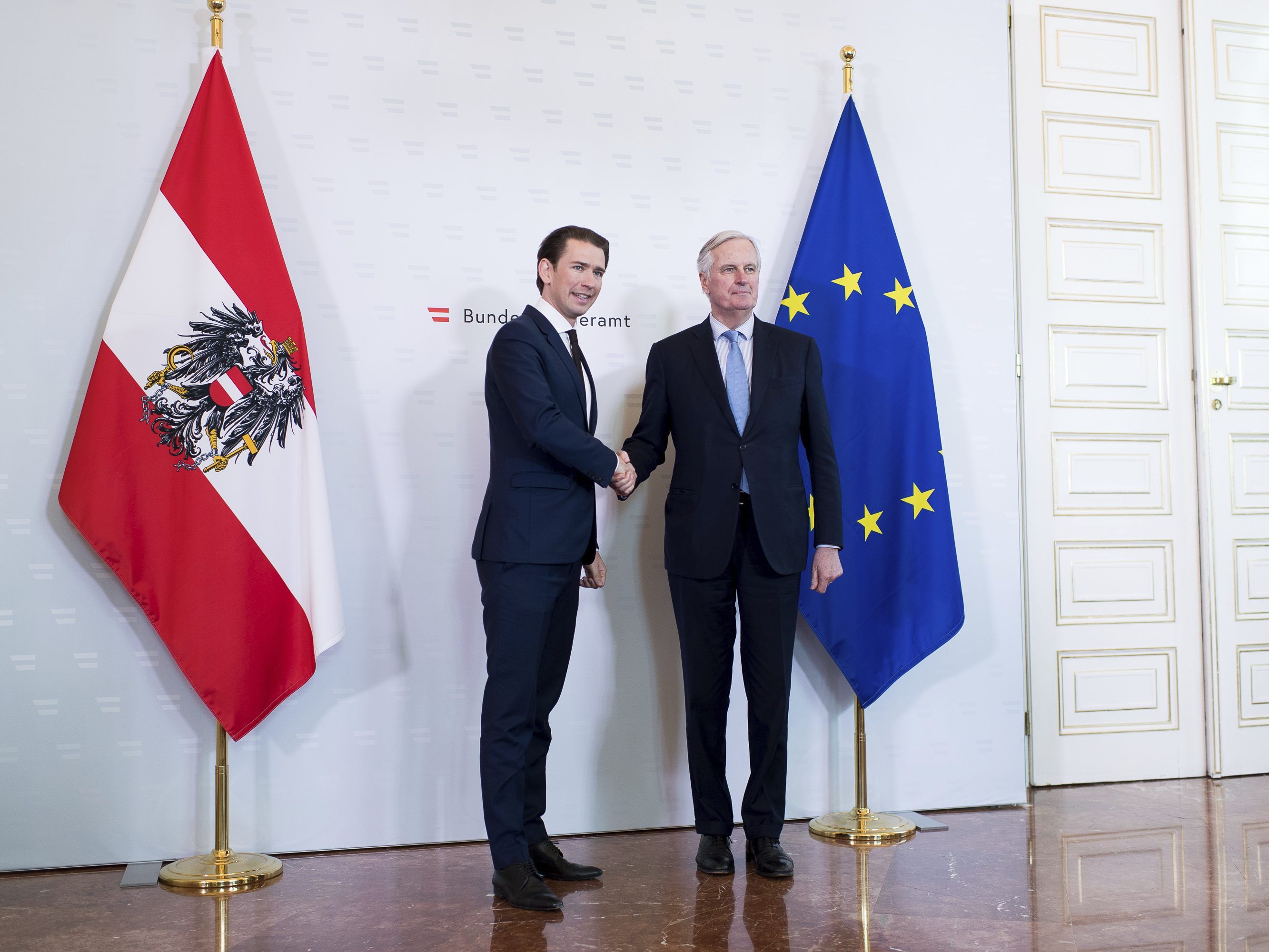 Kanzler Kurz begrüßt EU-Brexit-Chefverhandler Michel Barnier in Wien Kanzler Kurz begrüßt EU-Brexit-Chefverhandler Michel Barnier in Wien