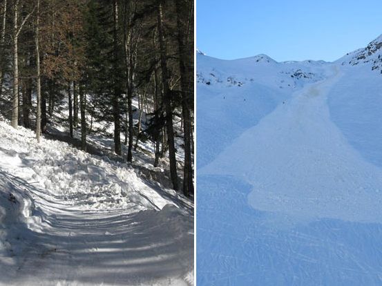 Lawinenabgänge am Samstag in Schoppernau (L.) und Lech (r.)