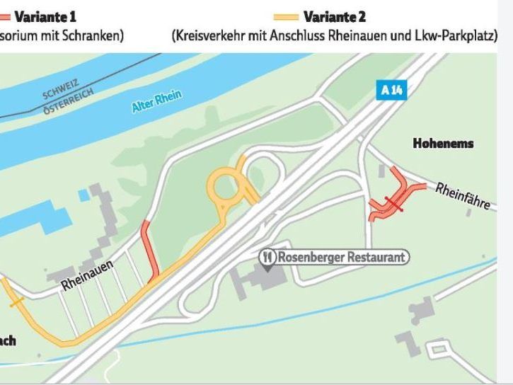 Bestvarianten für A14-Anschluss bei Raststätte Hohenems. Gemeinde Altach verhandelt über Kies-Lkw-Anschluss an Autobahnnetz.