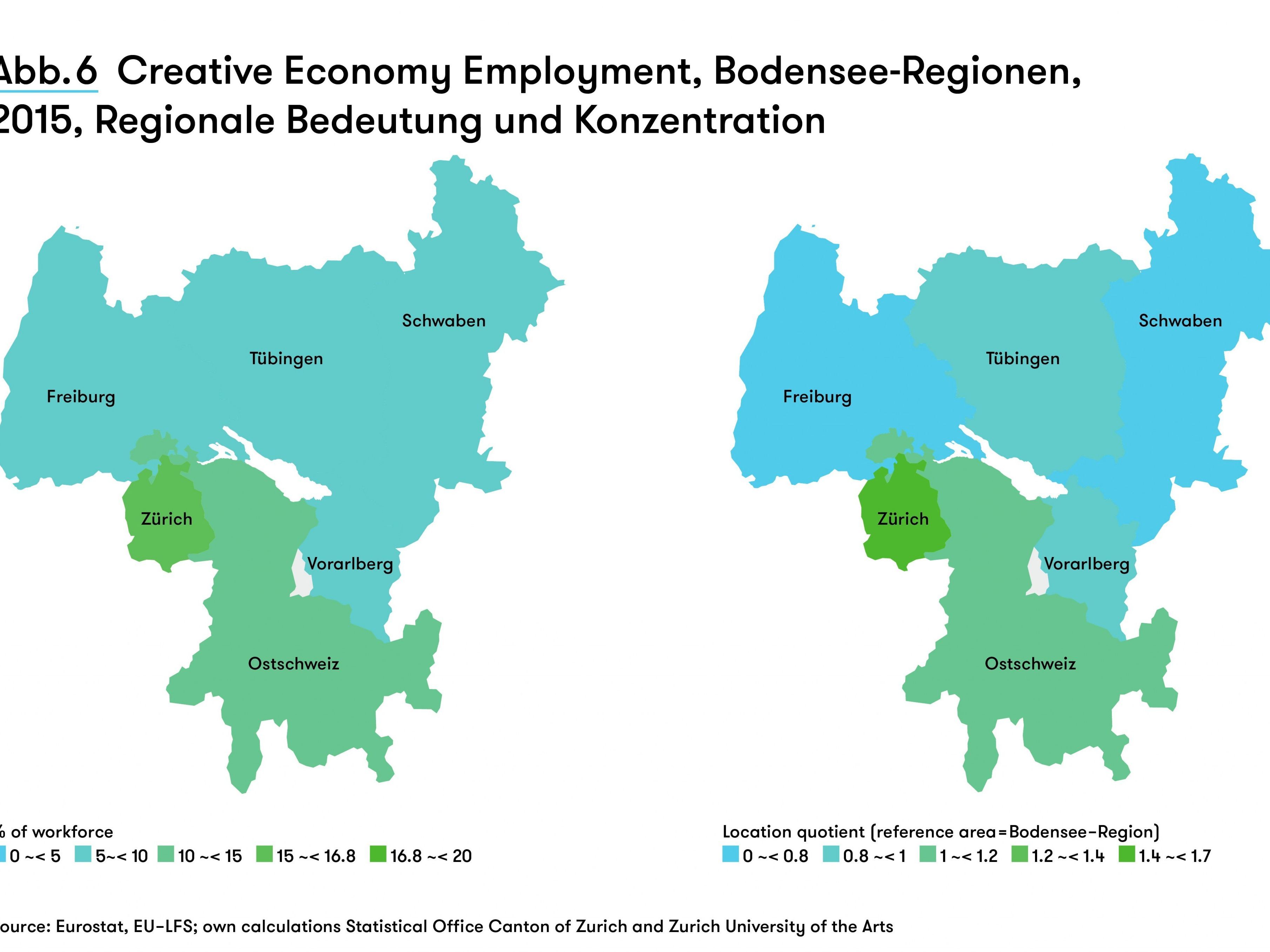 2015, Regionale Bedeutung und Konzentration: Die Karten zeigen die geografische Konzentration der Creative Economy. Grün eingefärbte Regionen sind jene, in denen der Erwerbstätigenanteil der Creative Economy überdurchschnittlich hoch ist. 2015, Regionale Bedeutung und Konzentration: Die Karten zeigen die geografische Konzentration der Creative Economy. Grün eingefärbte Regionen sind jene, in denen der Erwerbstätigenanteil der Creative Economy überdurchschnittlich hoch ist.
