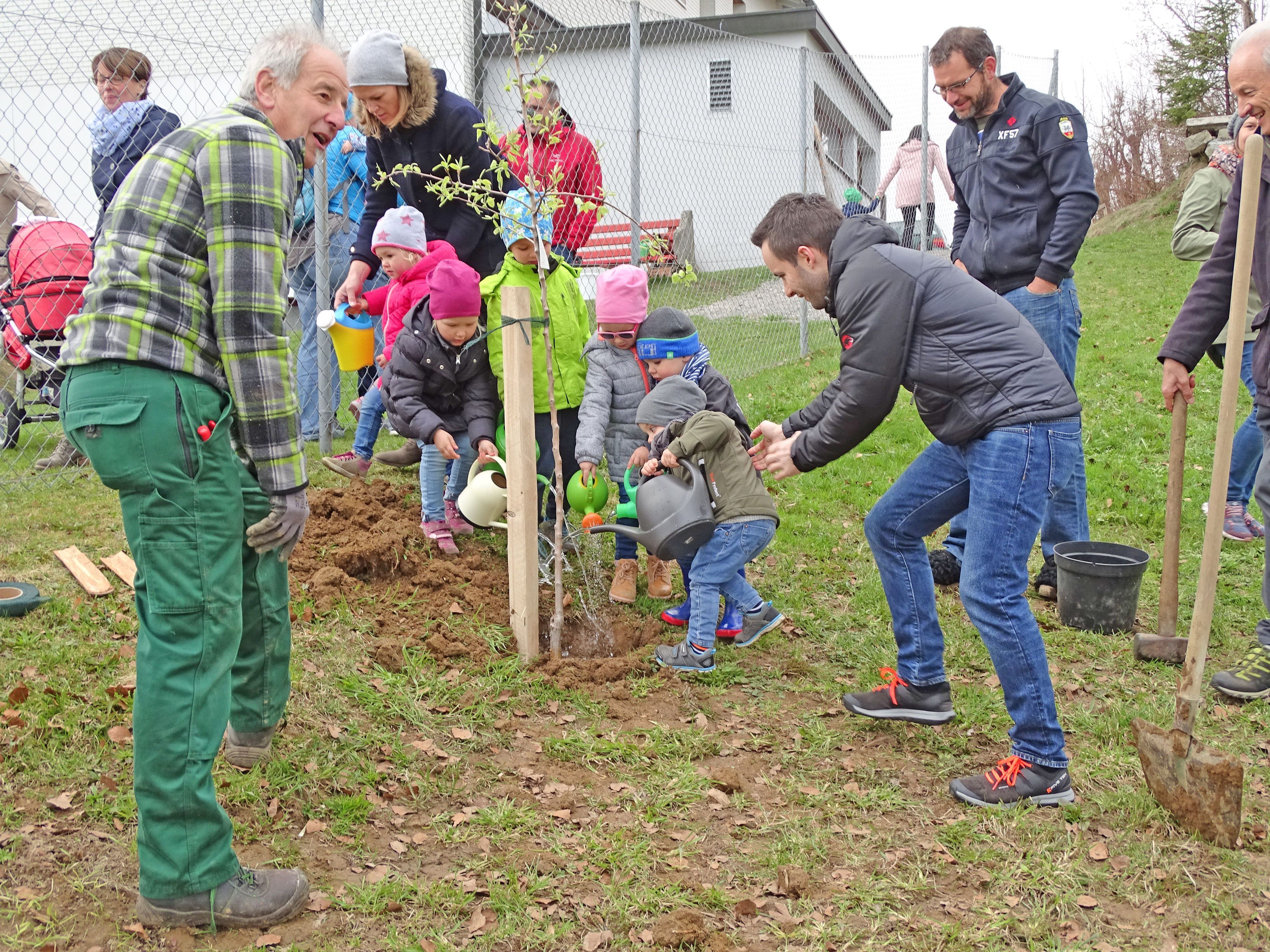 Auch die Kleinsten halfen mit beim Setzen des diesjährigen Jahrgangsbaums der familieplus-Gemeinde Sulzberg.