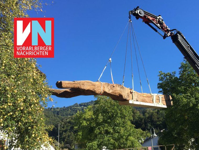 Der Torkelbaum wurde beim Abbruch des Gasthauses Torggel gesichert und erhält nun einen neuen Standort. Bürgermeister Roman Kopf freut sich, dass die historische Weinpresse damit der Nachwelt erhalten bleibt.