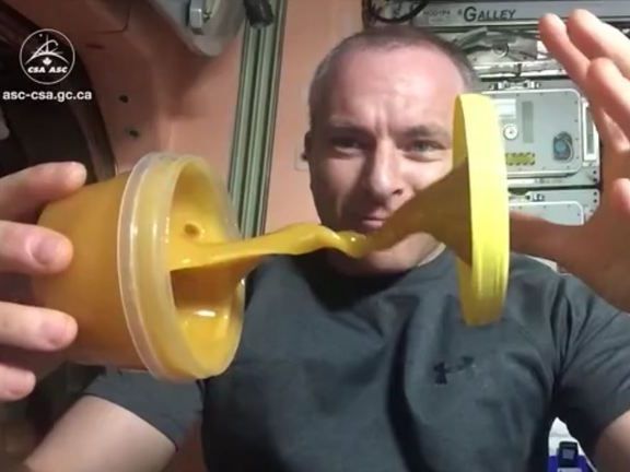 Der Astronaut zeigt, wie sich das All auf Honig auswirkt.