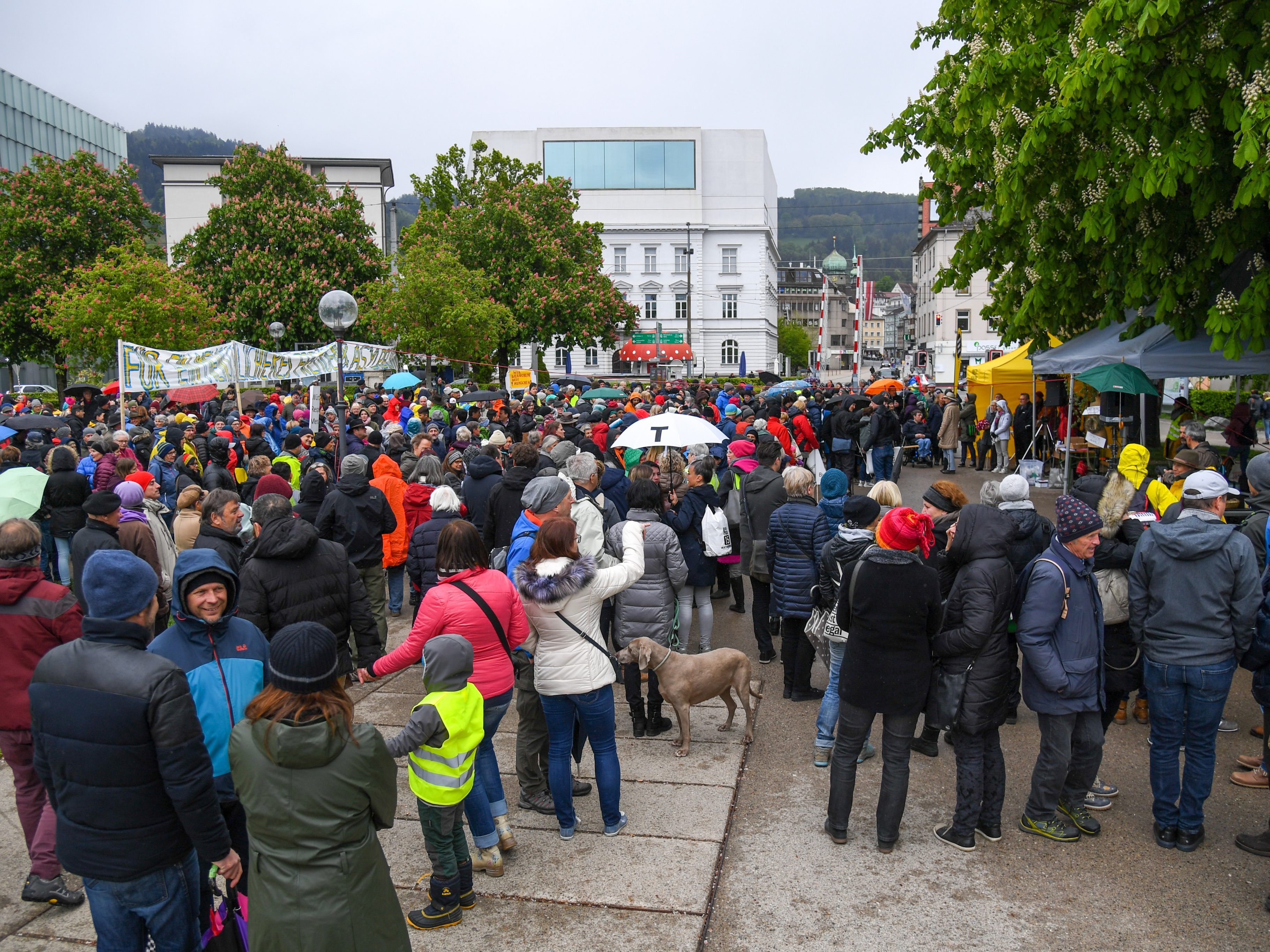 Trotz Regens versammelten sich über 1000 Menschen am Sonntag am Bregenzer Hafen.