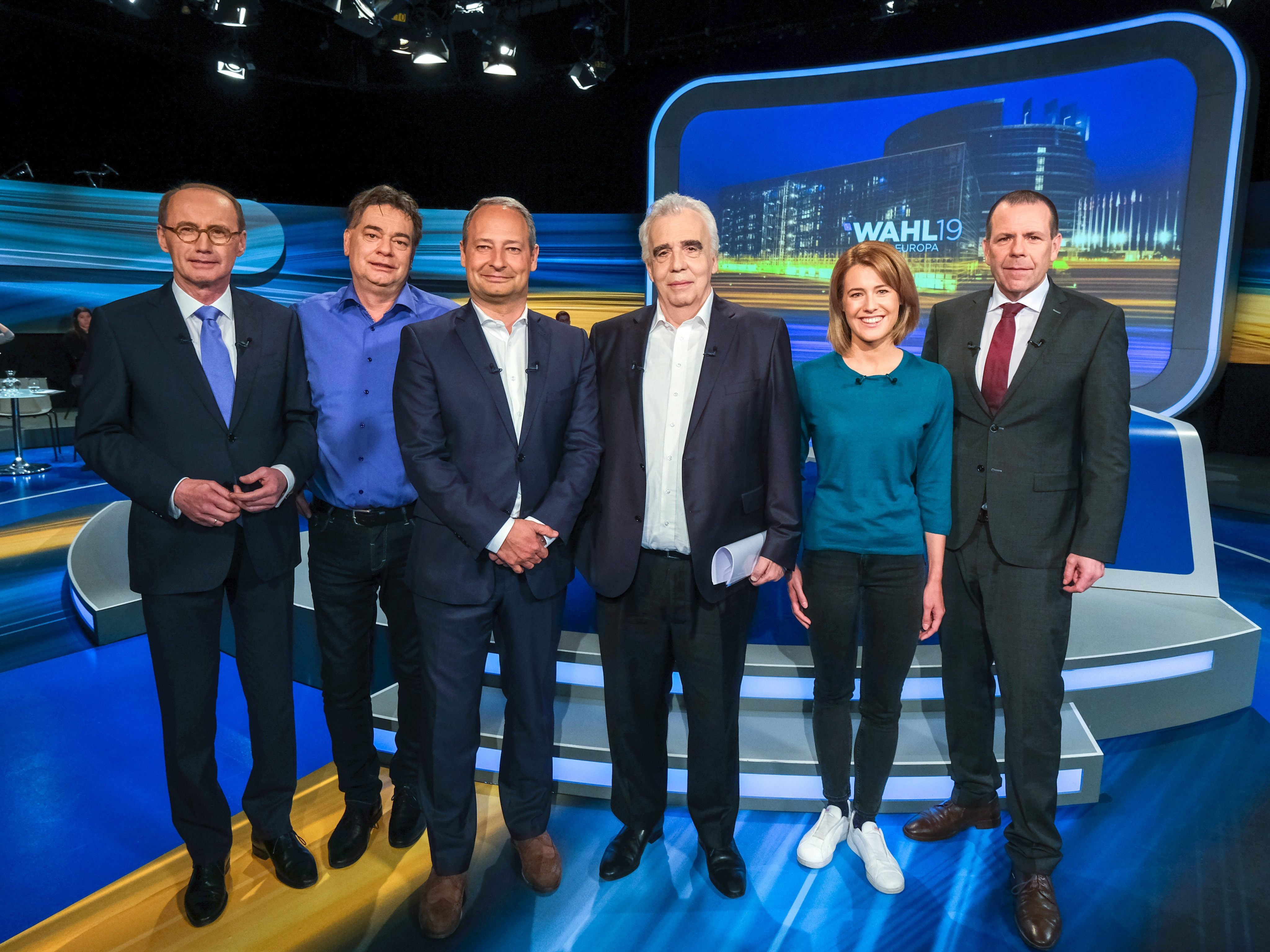 Othmar Karas (ÖVP), Werner Kogler (Grüne), Andreas Schieder (SPÖ), Johannes Voggenhuber (EUROPA Jetzt), Claudia Gamon (NEOS), Harald Vilimsky (FPÖ). Othmar Karas (ÖVP), Werner Kogler (Grüne), Andreas Schieder (SPÖ), Johannes Voggenhuber (EUROPA Jetzt), Claudia Gamon (NEOS), Harald Vilimsky (FPÖ).