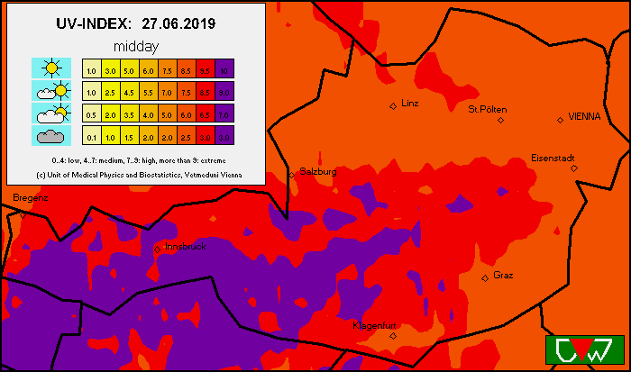 Die UV-Belastung Österreichs in einer Grafik veranschaulicht. Die UV-Belastung Österreichs in einer Grafik veranschaulicht.