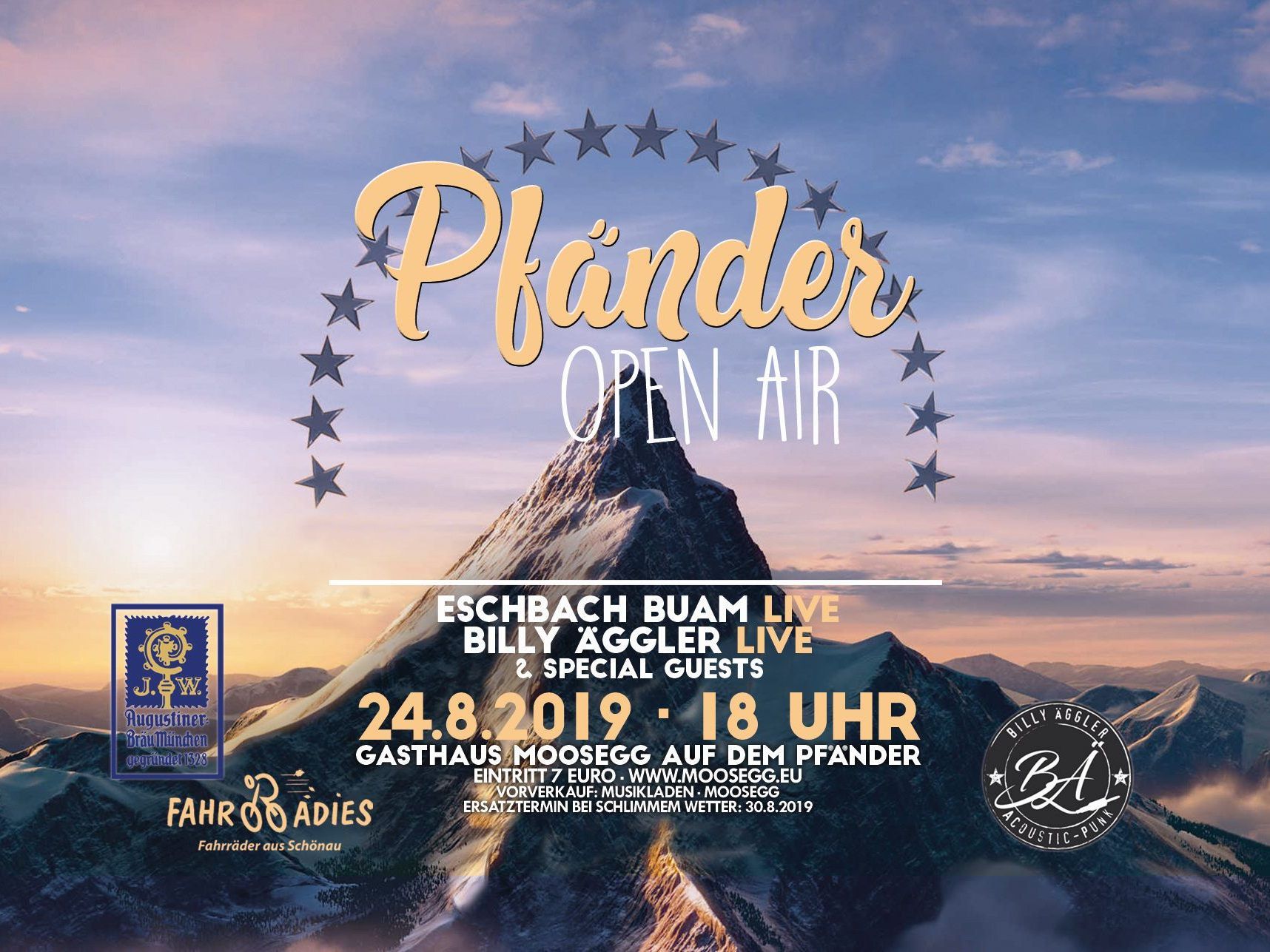 Einladung zum „Pfänder Open Air 2019“ am Samstag, dem 24. August, ab 18 Uhr rund um das Gasthaus Moosegg auf dem Pfänder. Einladung zum „Pfänder Open Air 2019“ am Samstag, dem 24. August, ab 18 Uhr rund um das Gasthaus Moosegg auf dem Pfänder.