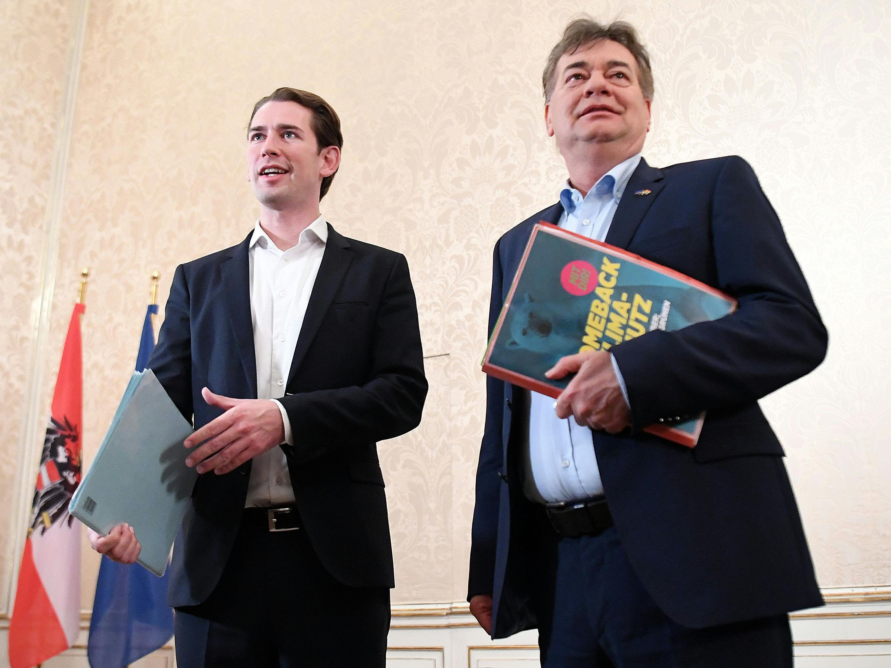 Kogler und Kurz starten die Koalitionsverhandlungen zwischen ÖVP und Grünen mit einem Vier-Augen-Gespräch. Kogler und Kurz starten die Koalitionsverhandlungen zwischen ÖVP und Grünen mit einem Vier-Augen-Gespräch.