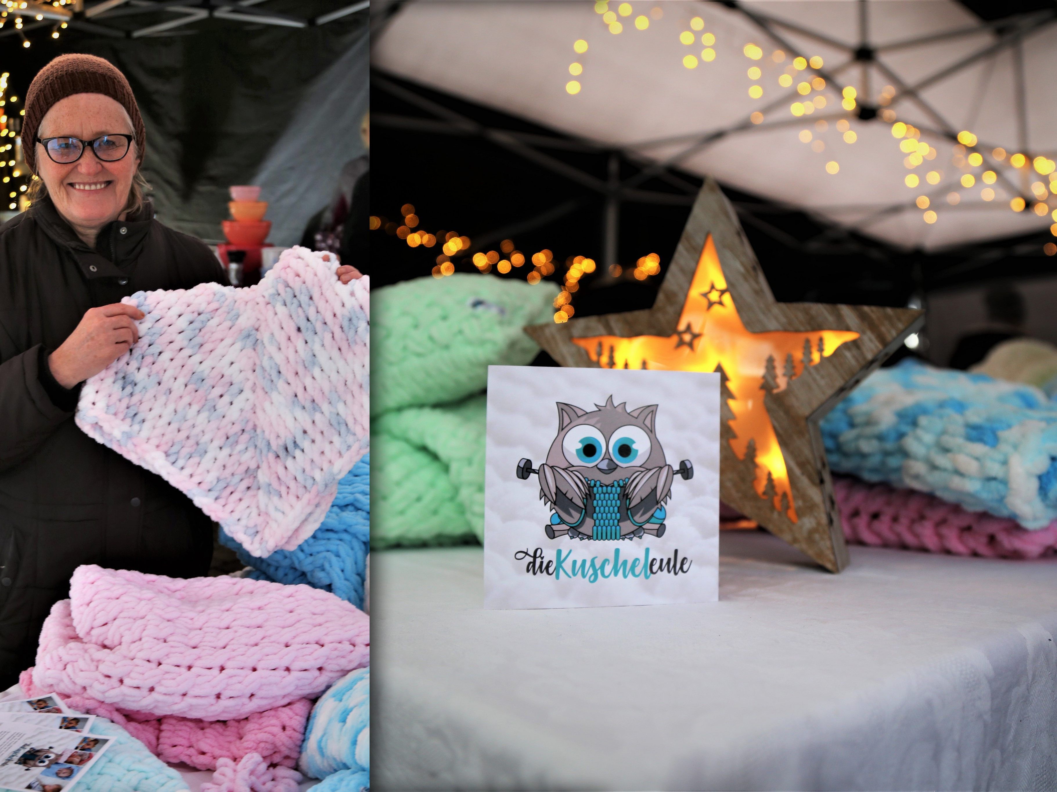 Heidemarie war mit ihrer "Kuscheleule" am Markt vertreten.