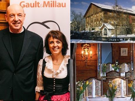 Gastgeber Familie Benner (Foto: Ohilipp Lipiarski), rechts: Außen- und Innenansicht des Romantik Restaurants Altes Gericht