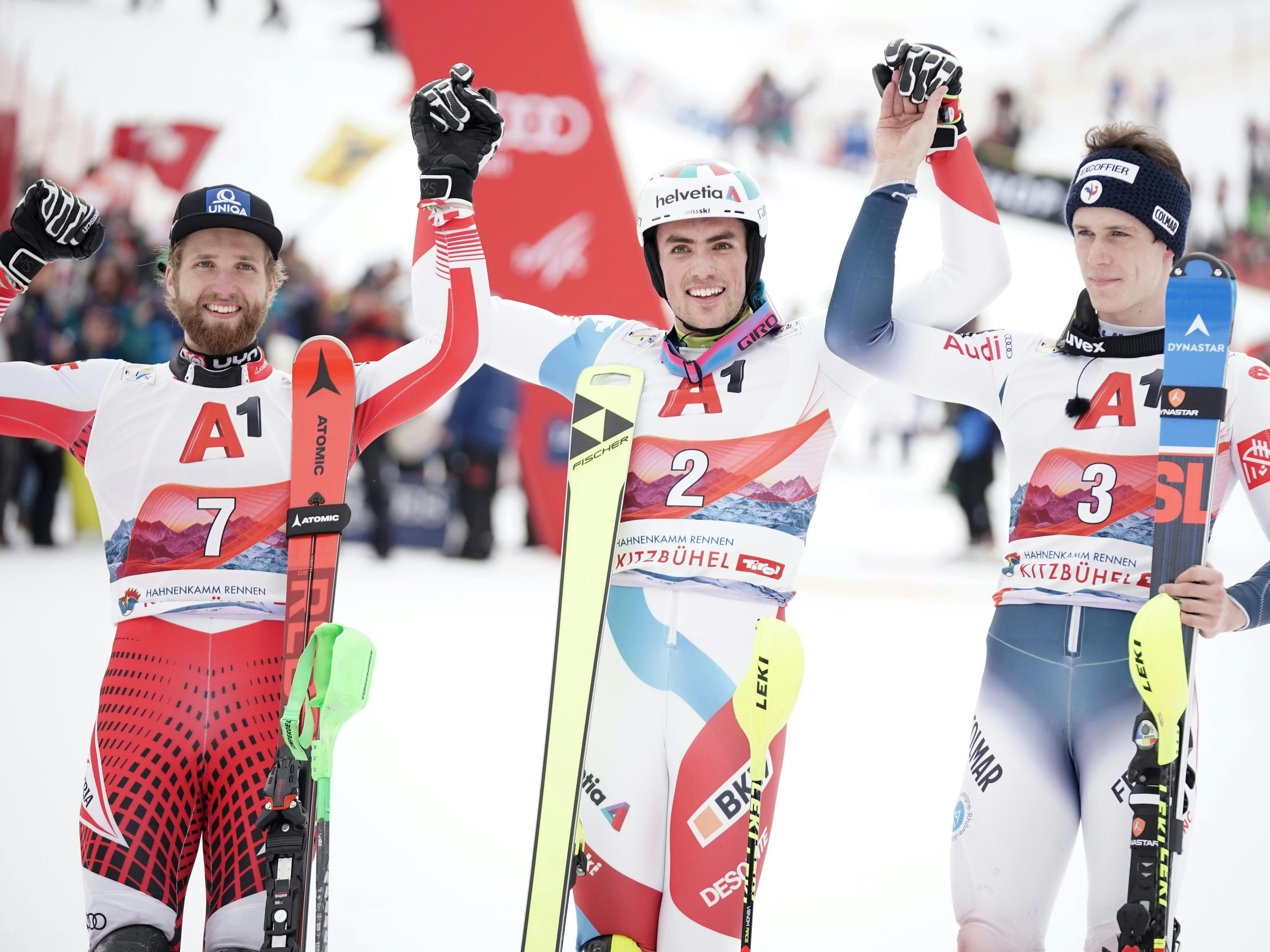 Marco Schwarz (AUT/2. Platz), Daniel Yule (SUI/1. Platz) und Noel Clement