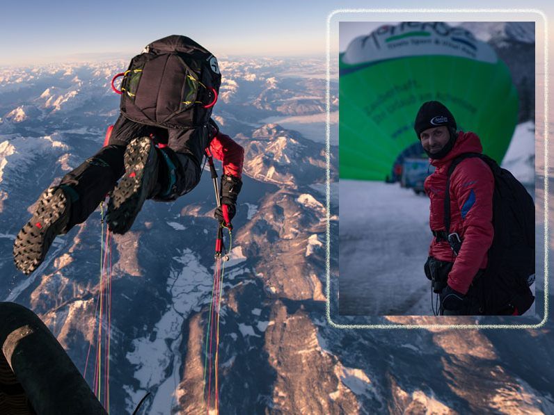 Weltrekordsprung hoch über dem Achensee: Gleitschirmflieger Mike Küng sprang in der Head-Over-Technik in 7100 Metern aus einem Heißluftballon.