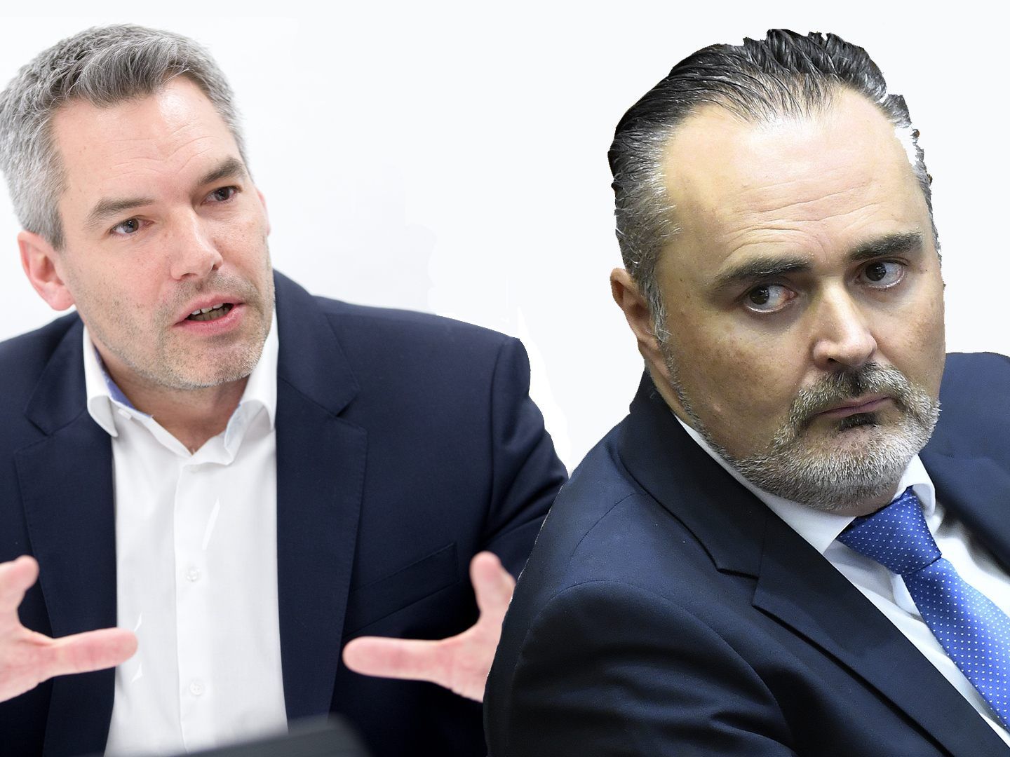 Doskozil (r) kritisierte Nehammer wegen seiner Aussagen zur Flüchtlingszentren scharf. Doskozil (r) kritisierte Nehammer wegen seiner Aussagen zur Flüchtlingszentren scharf.