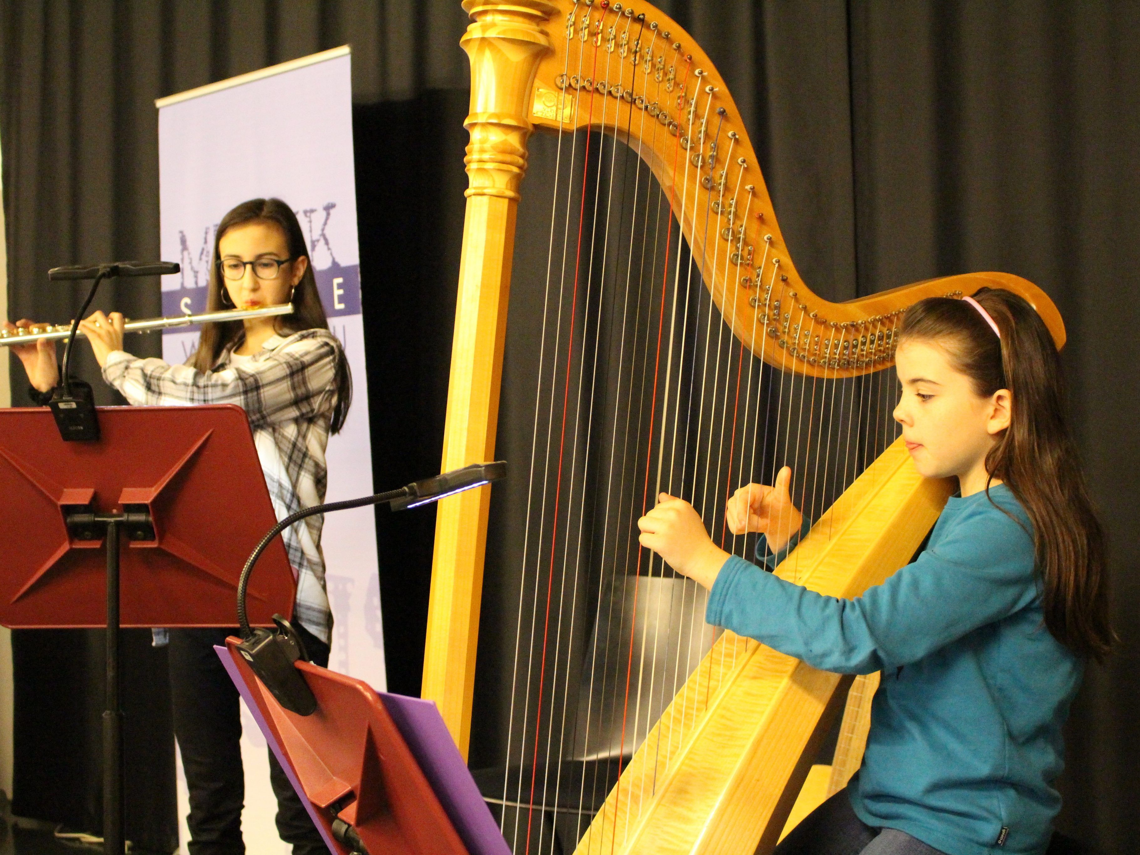 Querflöte und Harfe harmonierten perfekt auf dem Klassenvorspiel der Musikschule Walgau.