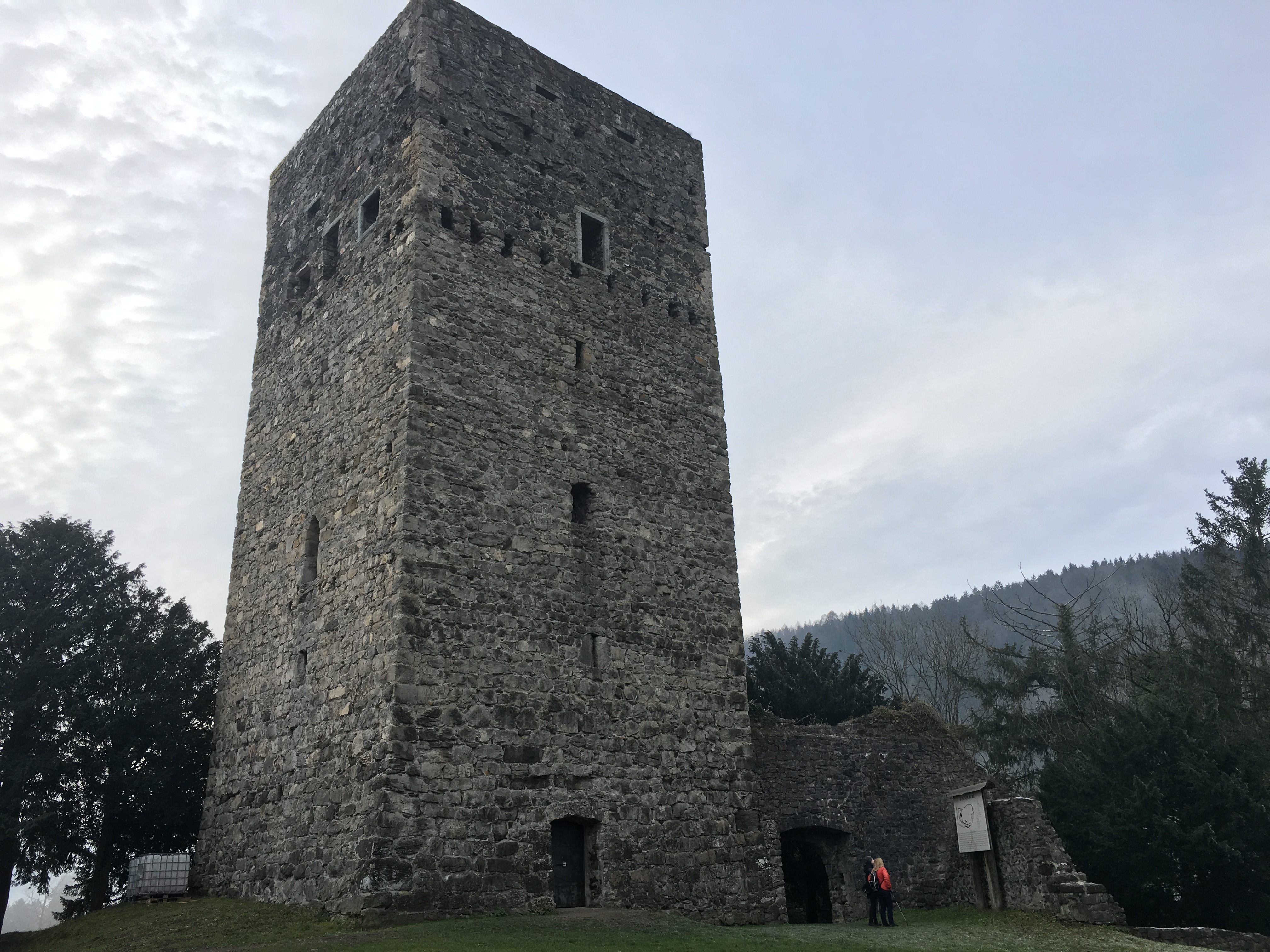 Der Bergfried wurde bereits saniert und mit einem Notdach versehen.