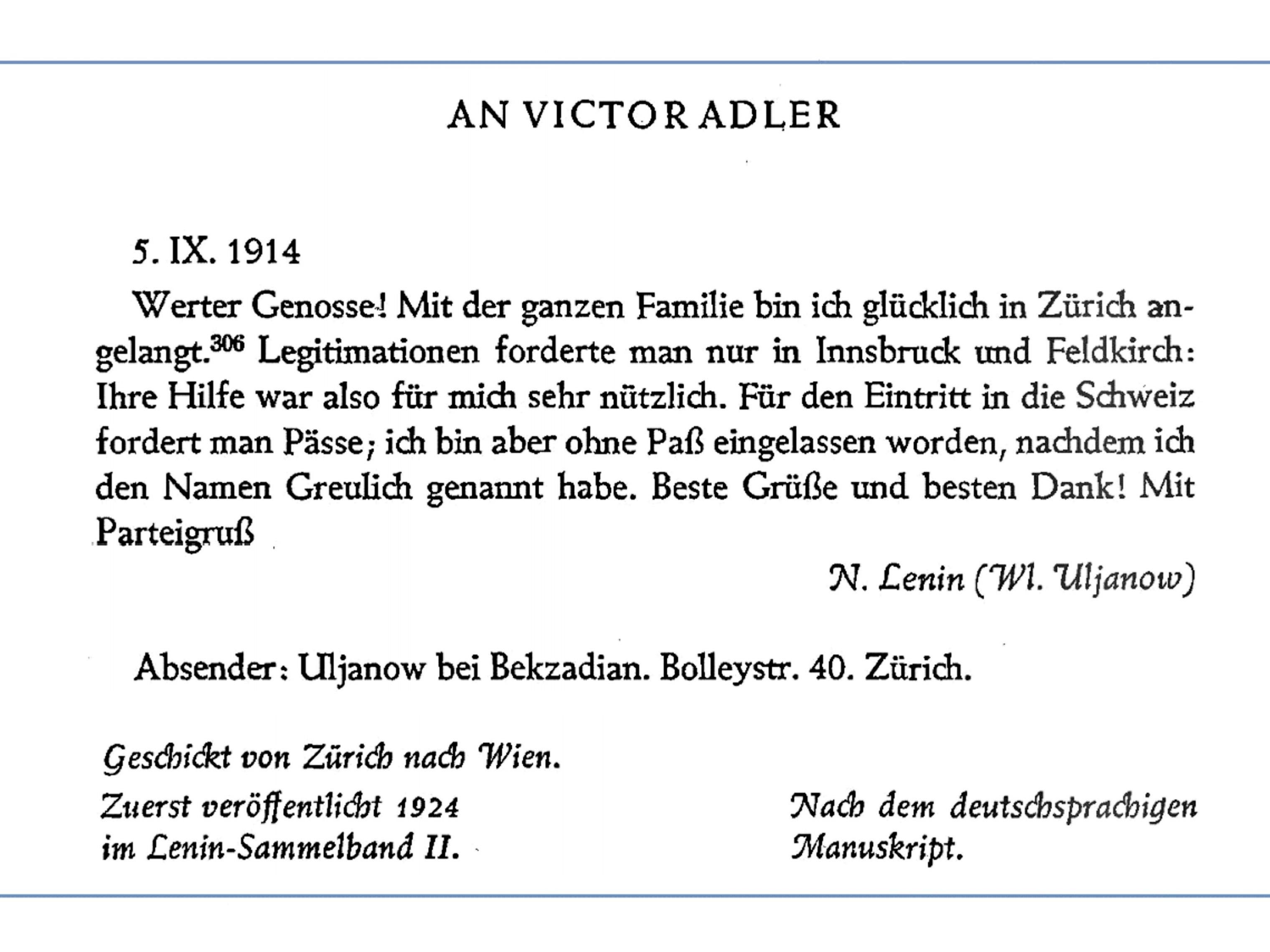 Brief von Lenin an Viktor Adler