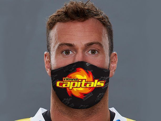 Die Coronavirus-Schutzmasken der Eishockey-Mannschaft Vienna Capitals gibt es in schwarz oder gelb.