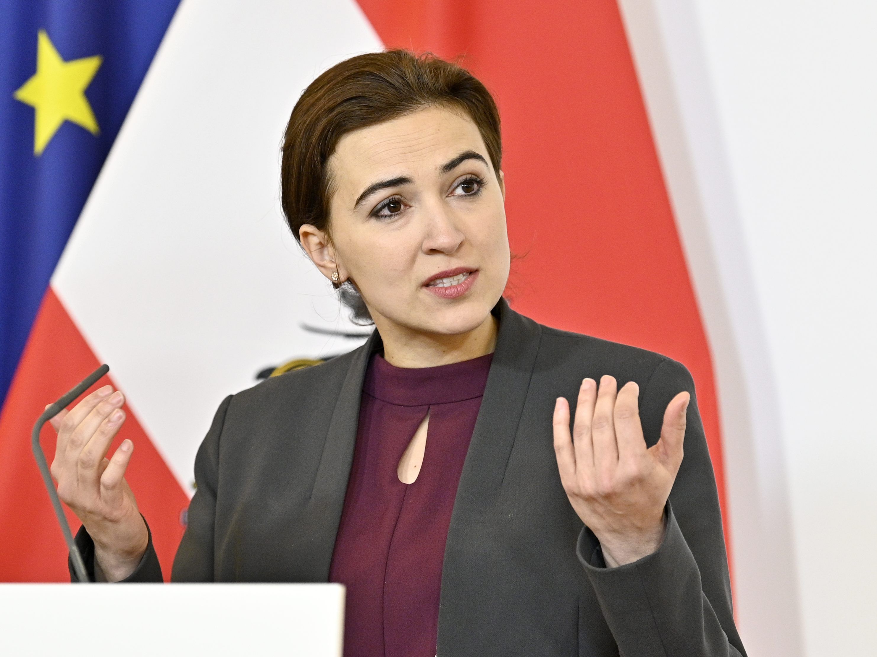 Justizministerin Alma Zadic tritt heute wieder vors Mikrophon. Justizministerin Alma Zadic tritt heute wieder vors Mikrophon.