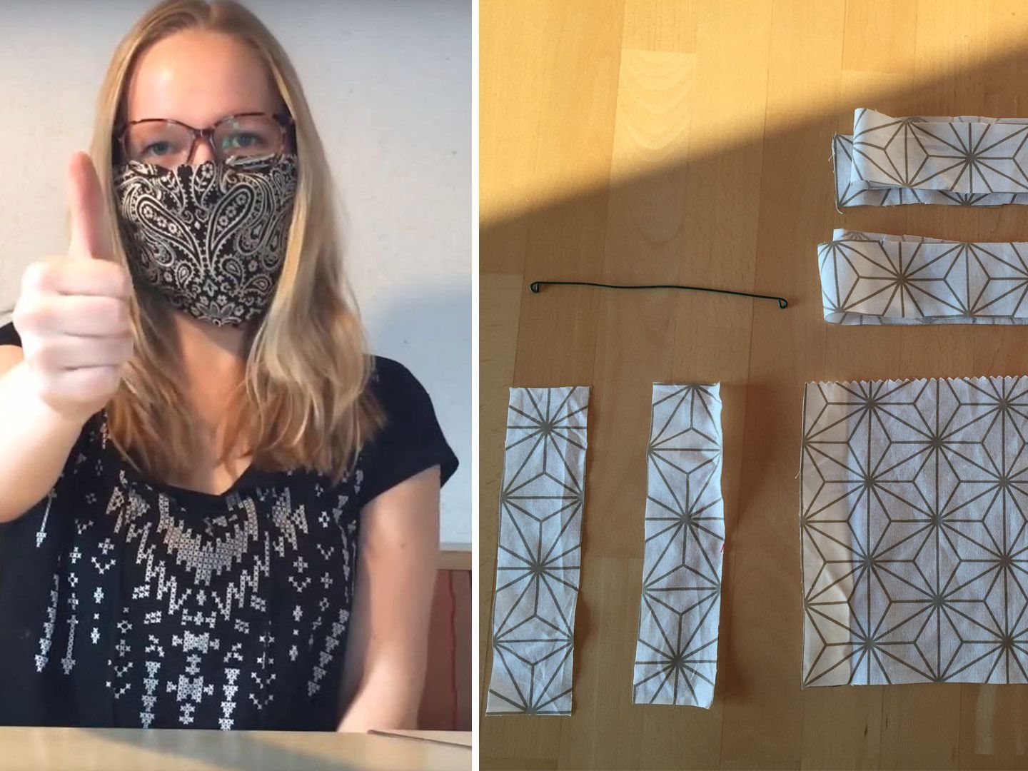 Reporterin Mirjam zeigt eine einfache Variante aus einem Bandana und Haargummis.