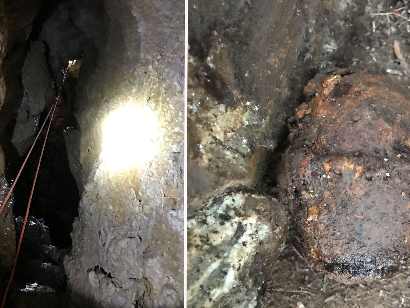 Die Brüder stiegen mittels Kletterausrüstung in die Höhle hinab und fanden eine Handgranate.