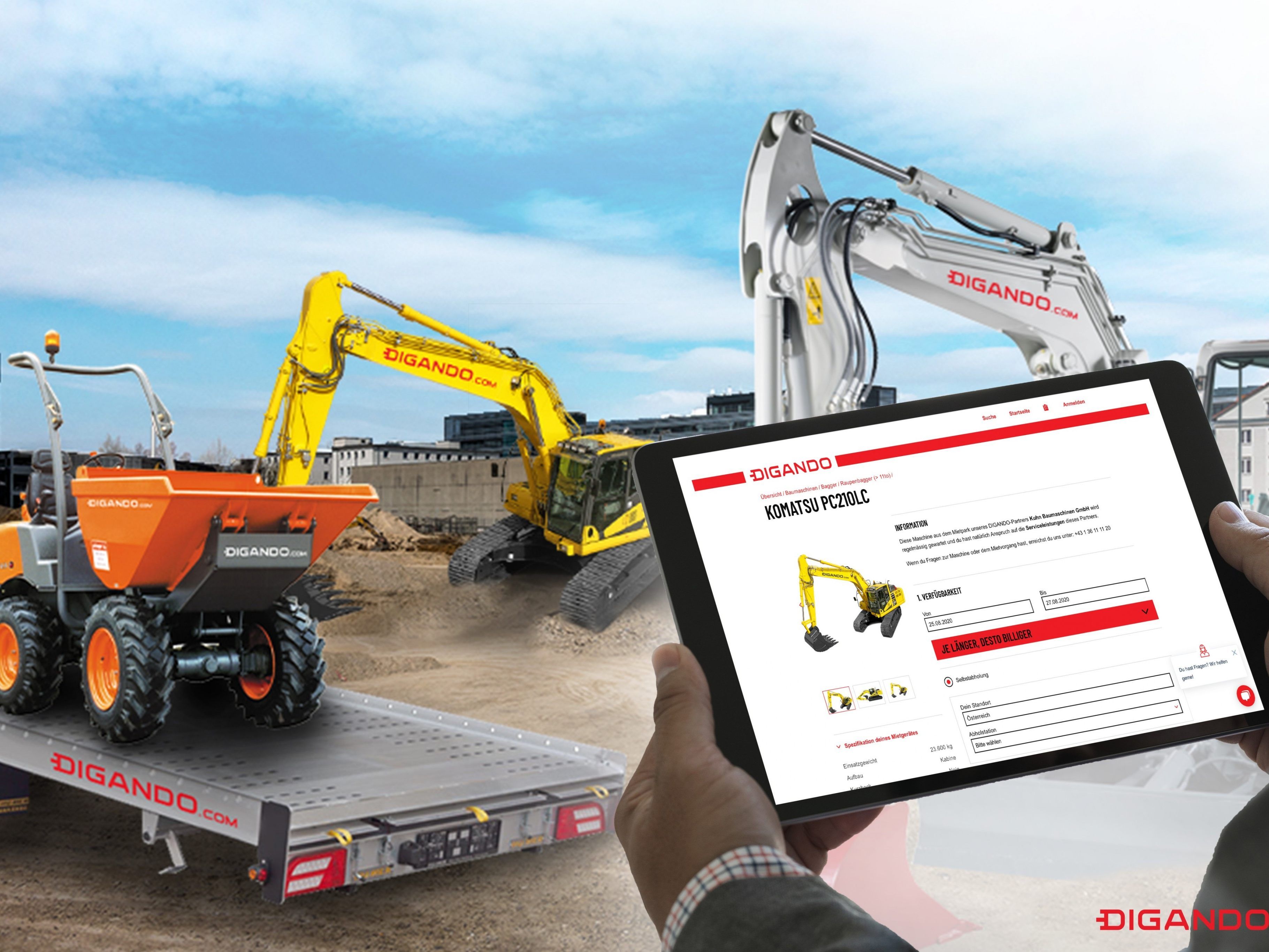 6000 Baumaschinen stehen österreichweit auf der Online-Plattform Digando.com zur Miete bereit. 6000 Baumaschinen stehen österreichweit auf der Online-Plattform Digando.com zur Miete bereit.