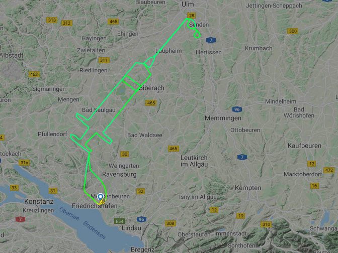 Flugroute zwischen Friedrichshafen und Ulm