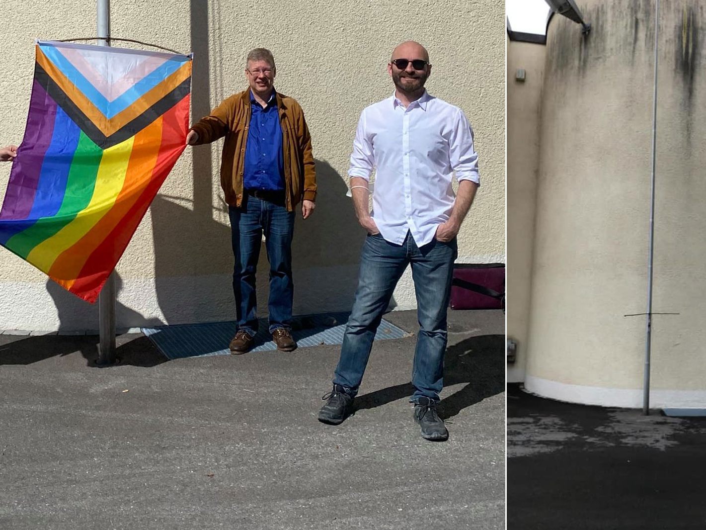 Links Am Freitag das hissen der Regenbogenfahne in Bürs, rechts der Stand der Dinge am Samstag. Links Am Freitag das hissen der Regenbogenfahne in Bürs, rechts der Stand der Dinge am Samstag.