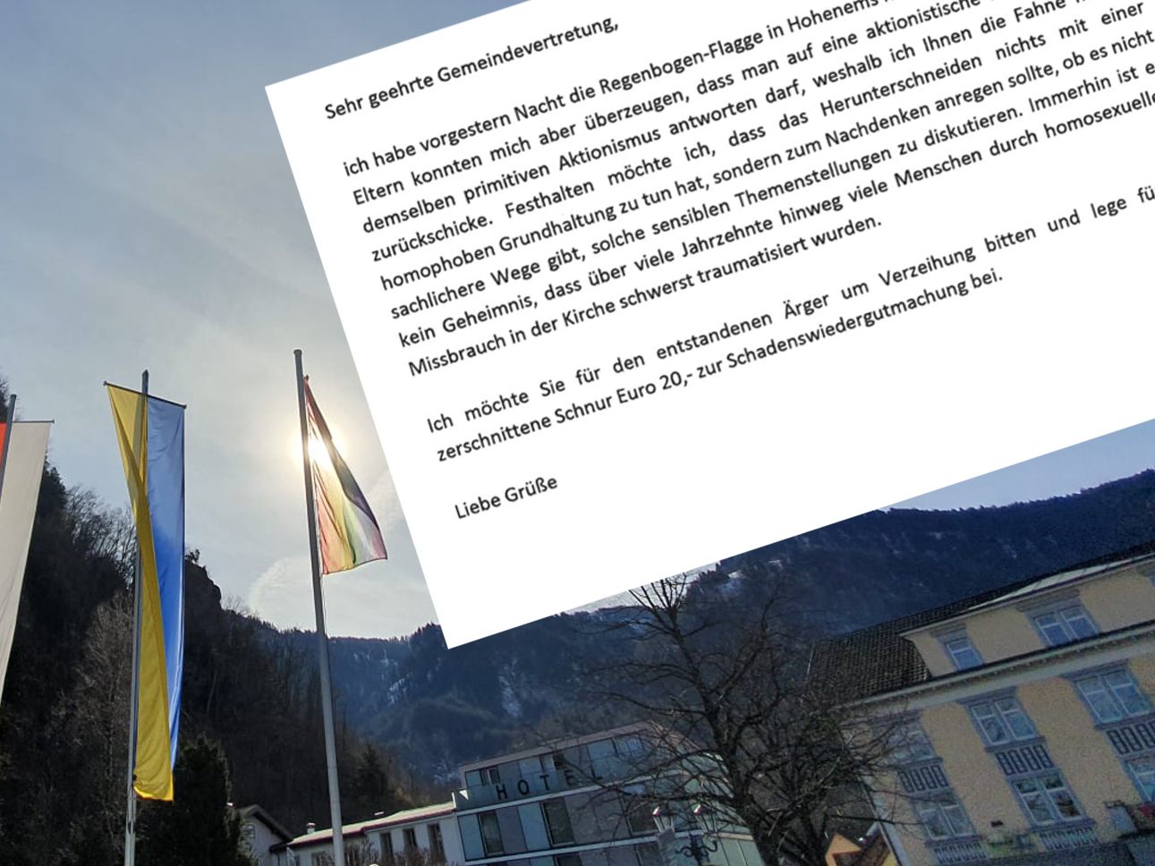Die Stadt Hohenems erhielt ein Entschuldigungsschreiben. Die Stadt Hohenems erhielt ein Entschuldigungsschreiben.